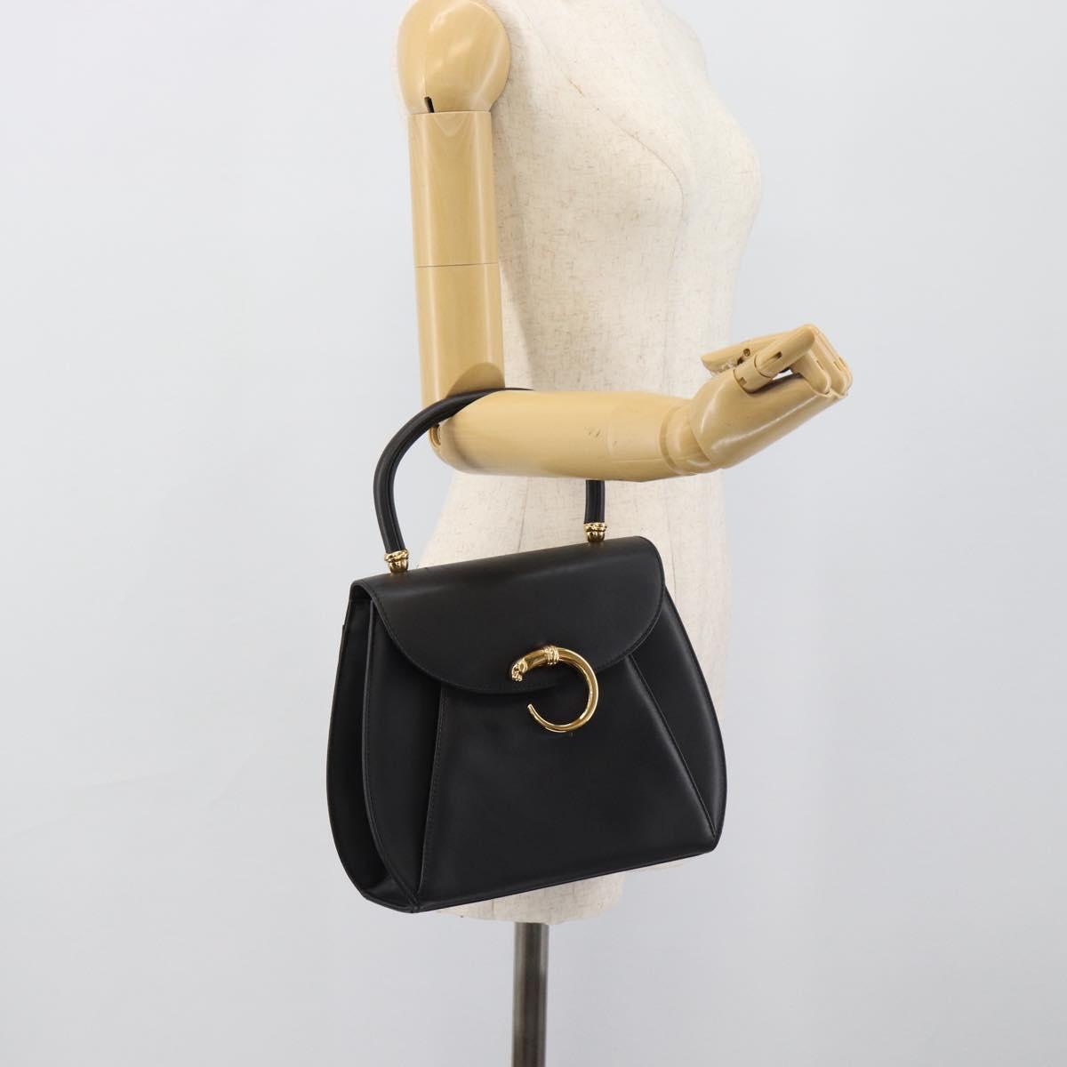 CARTIER PANTHERE Hand Bag Leather Black Gold Auth 190829