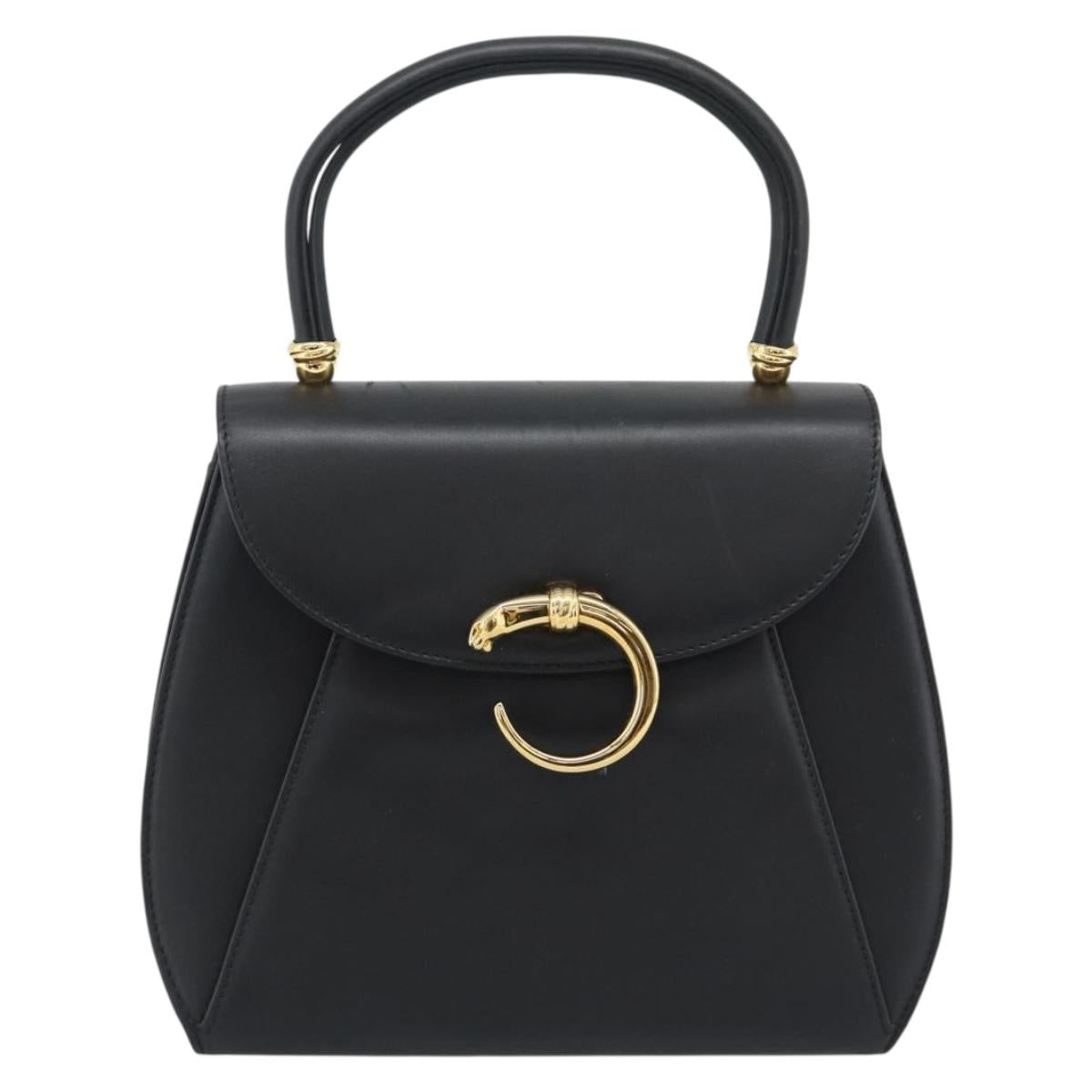 CARTIER PANTHERE Hand Bag Leather Black Gold Auth 190829