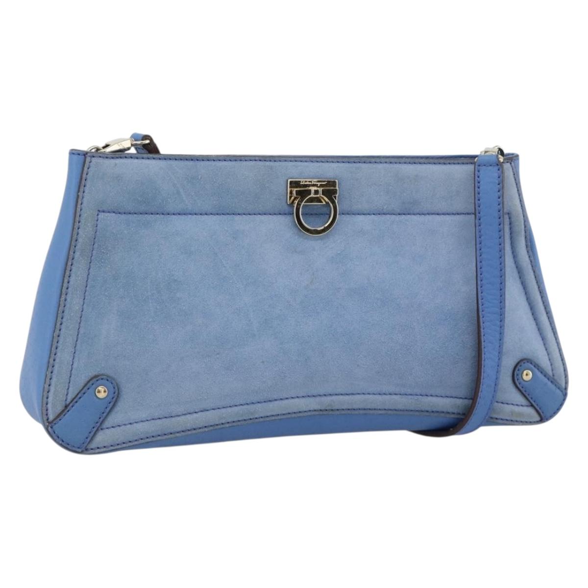 Salvatore Ferragamo Gancini Shoulder Bag Suede Blue Gold Auth 190833