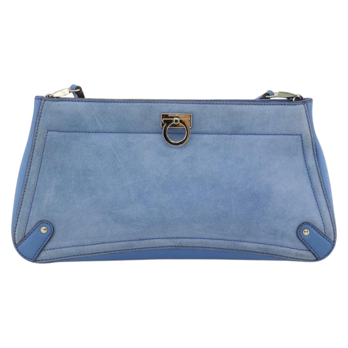 Salvatore Ferragamo Gancini Shoulder Bag Suede Blue Gold Auth 190833