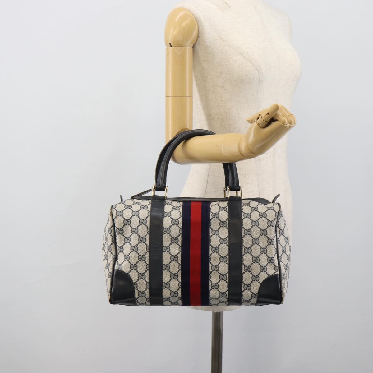 GUCCI GG Supreme Sherry Line Boston Bag Navy Gold Auth 190835