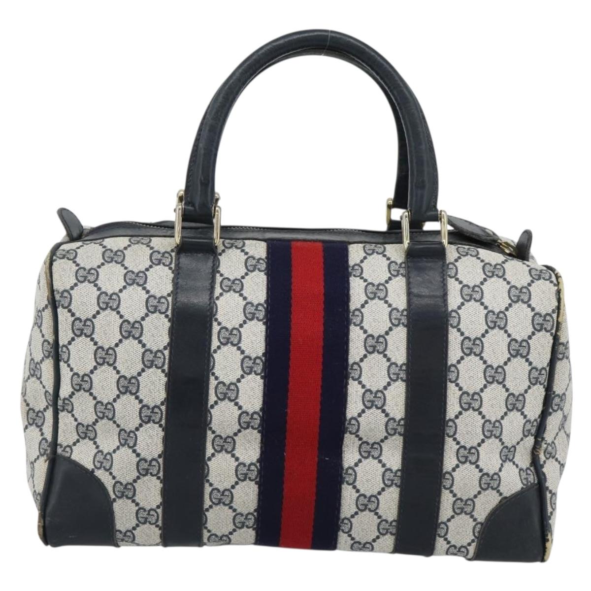 GUCCI GG Supreme Sherry Line Boston Bag Navy Gold Auth 190835