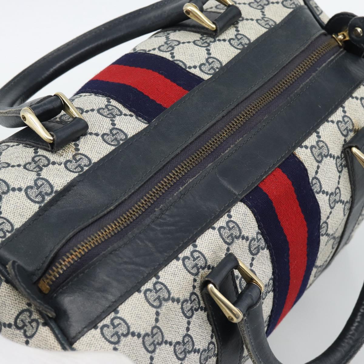GUCCI GG Supreme Sherry Line Boston Bag Navy Gold Auth 190835