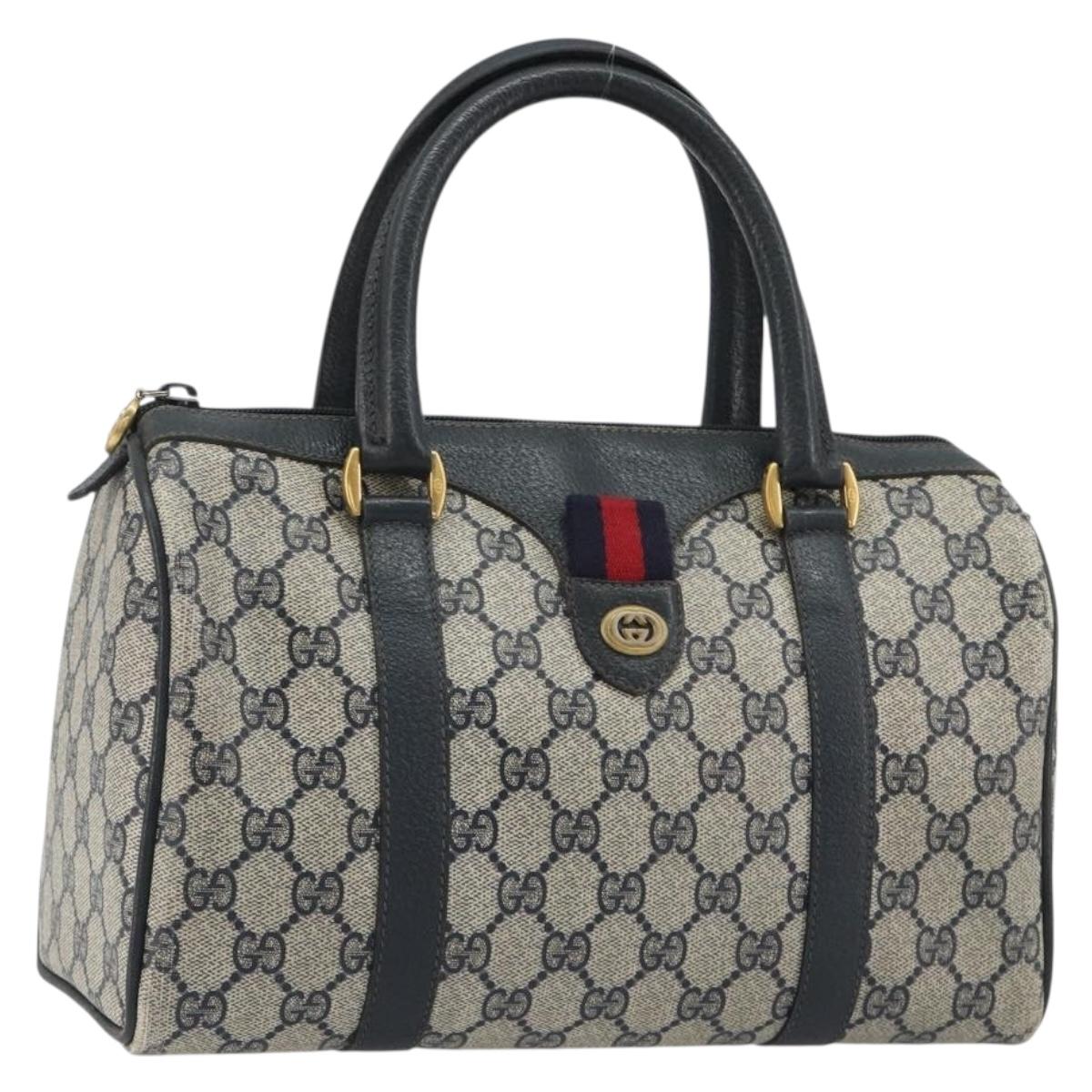 GUCCI GG Supreme Sherry Line Boston Bag PVC Navy Gold 40 02 006 Auth 190850