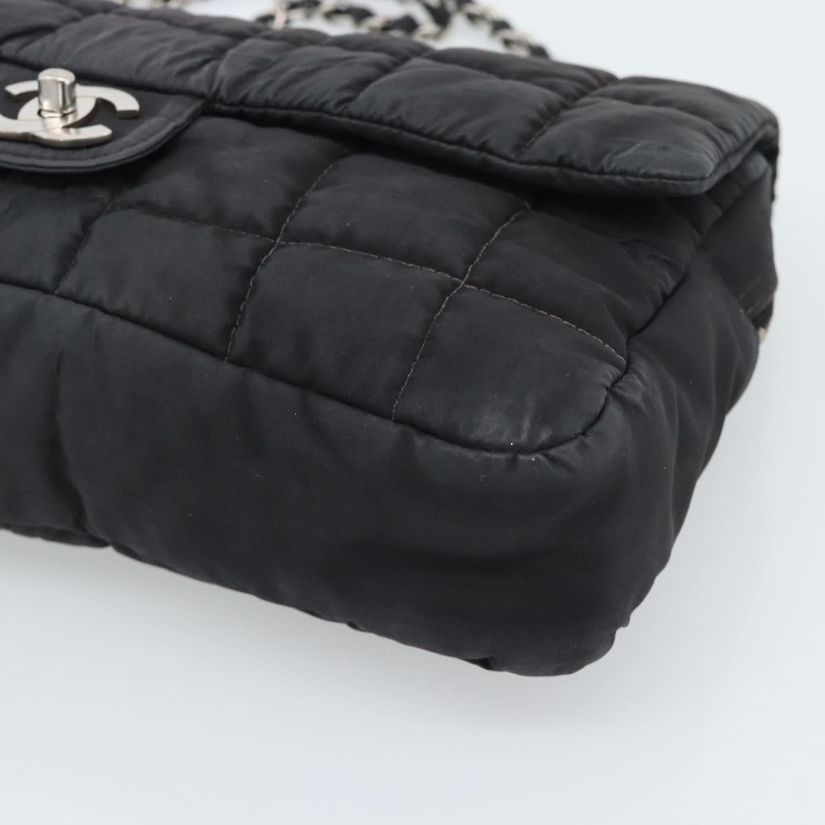 CHANEL Choco Bar Chain Shoulder Bag Nylon Black Silver CC Auth 190857A