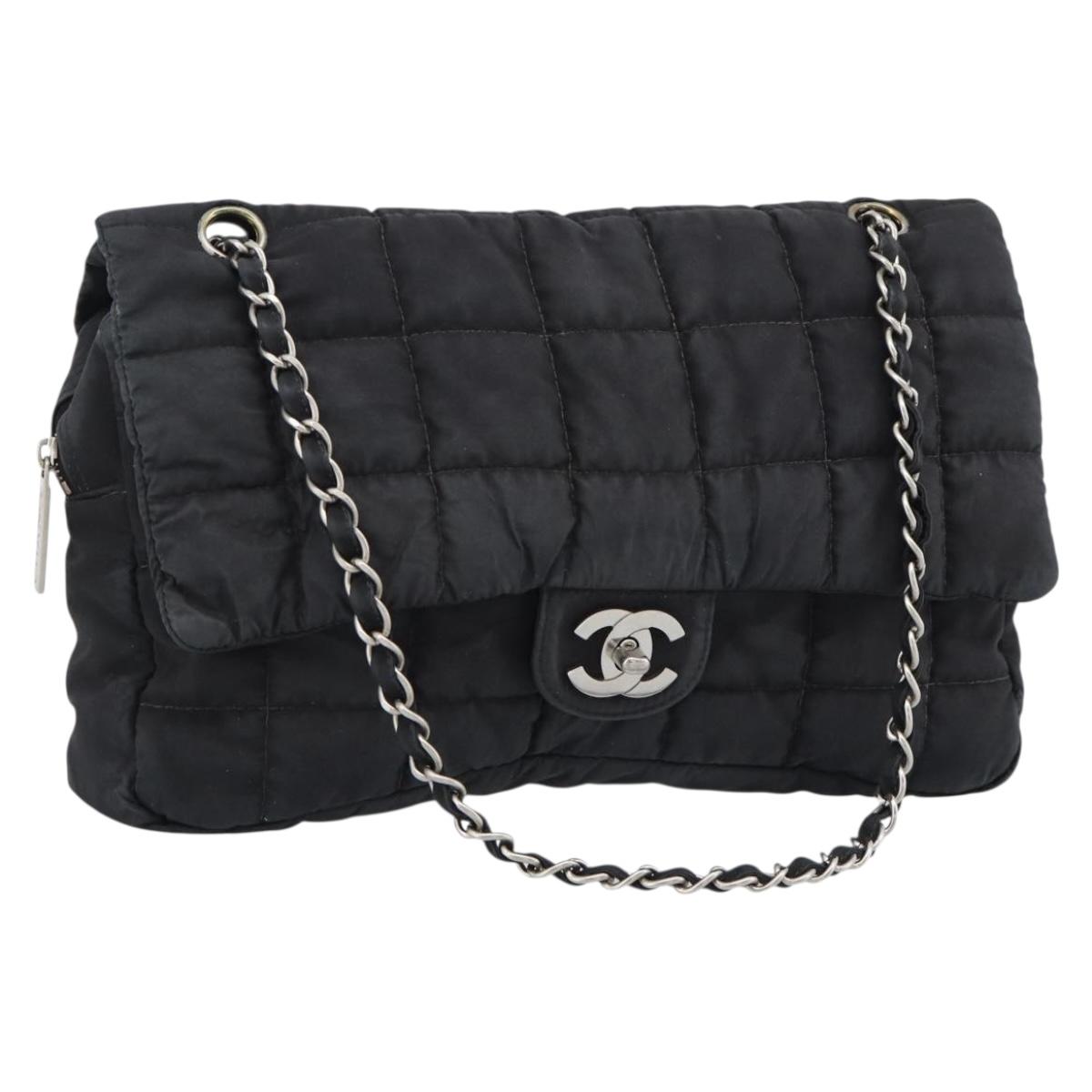 CHANEL Choco Bar Chain Shoulder Bag Nylon Black Silver CC Auth 190857A