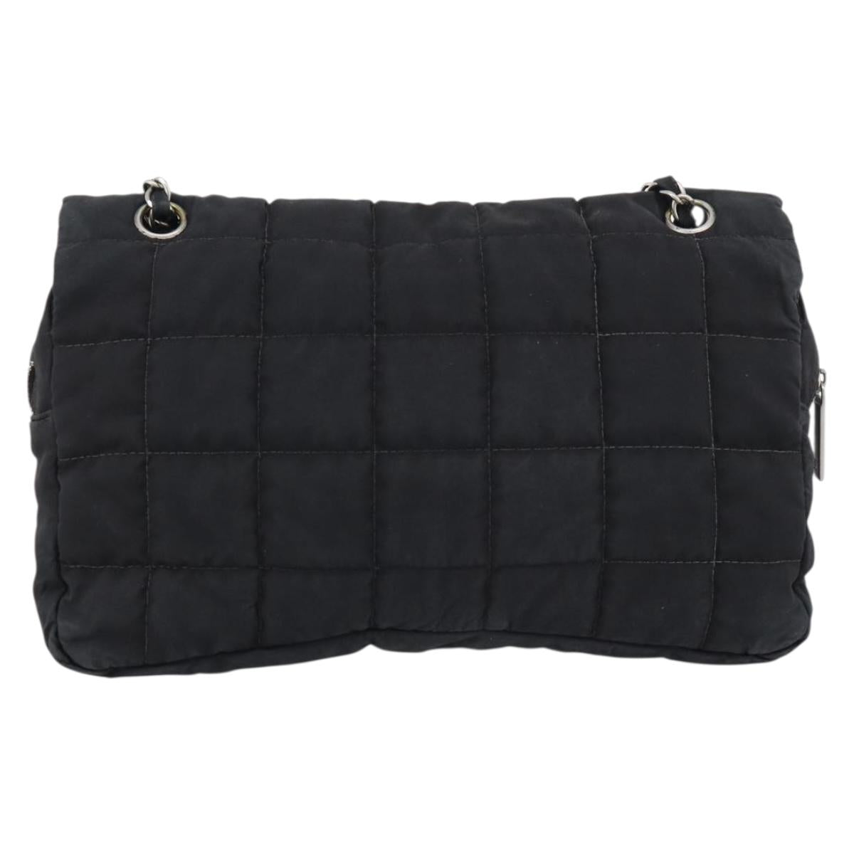 CHANEL Choco Bar Chain Shoulder Bag Nylon Black Silver CC Auth 190857A