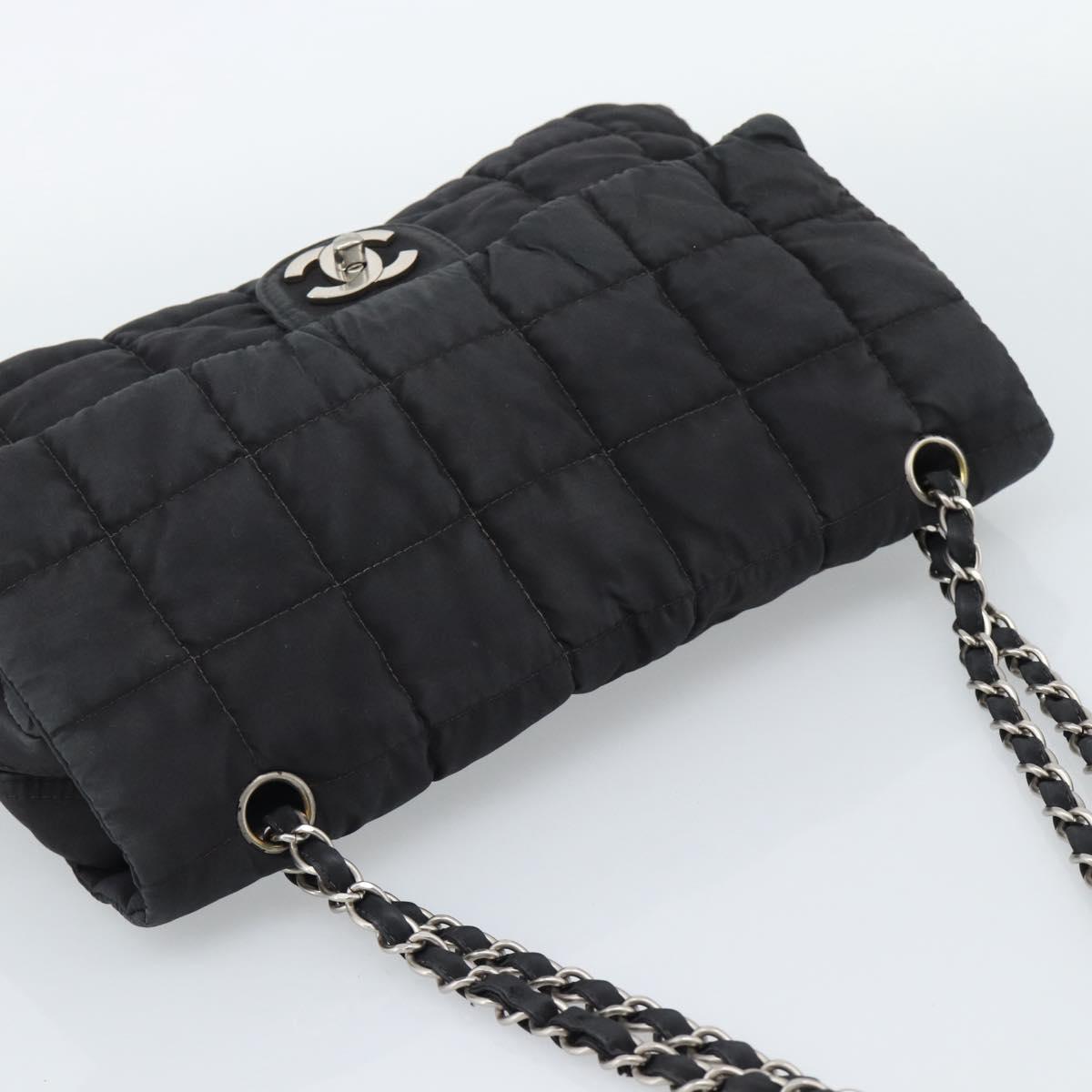 CHANEL Choco Bar Chain Shoulder Bag Nylon Black Silver CC Auth 190857A