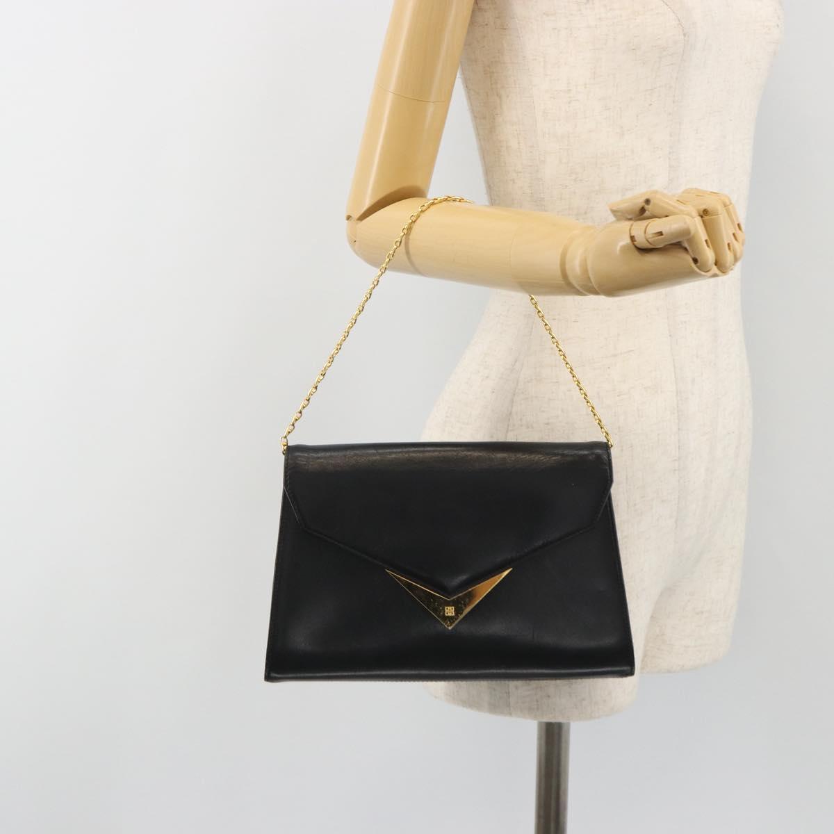 GIVENCHY Chain Shoulder Bag Leather Black Gold Auth 190882