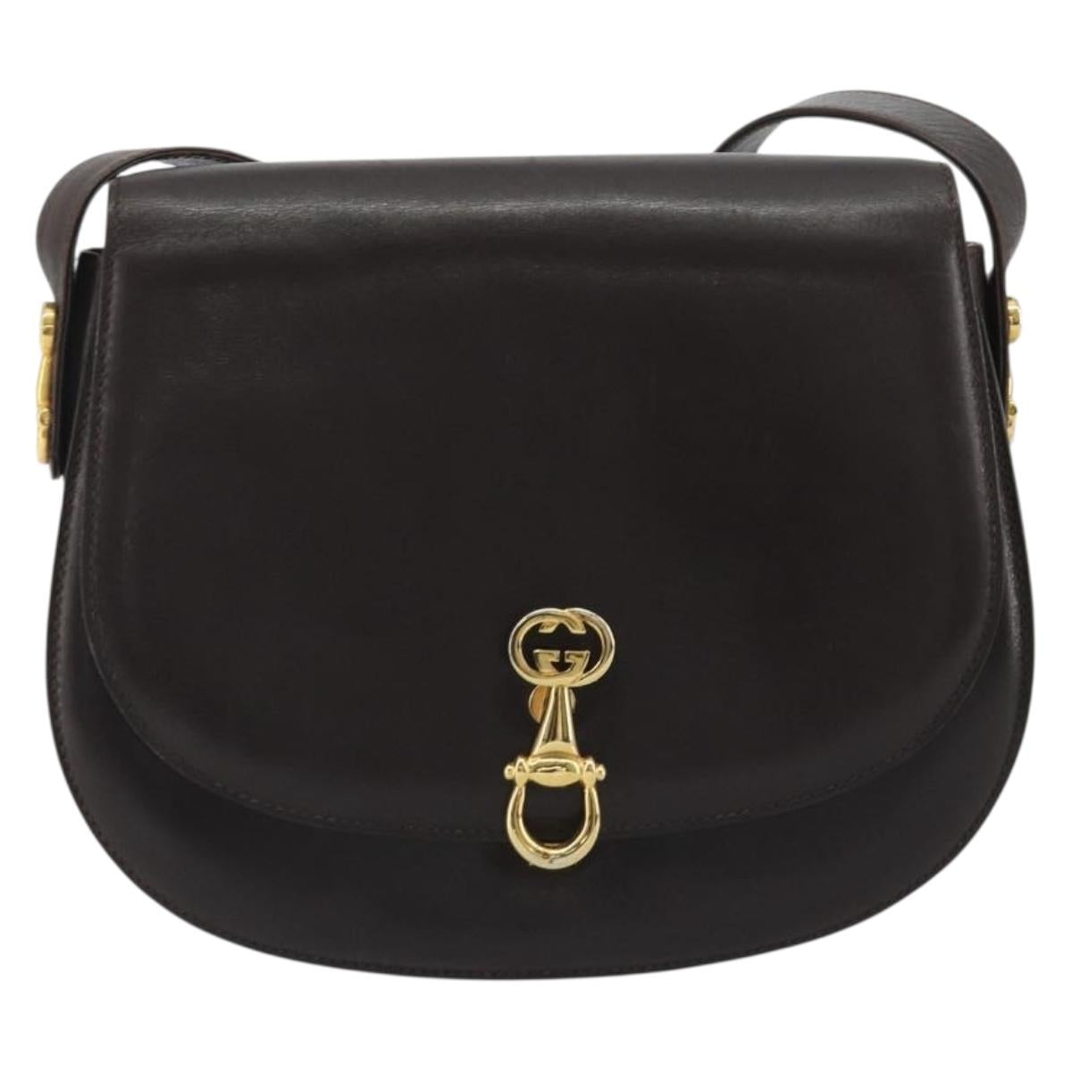 GUCCI Shoulder Bag Leather Brown Gold Auth 190885