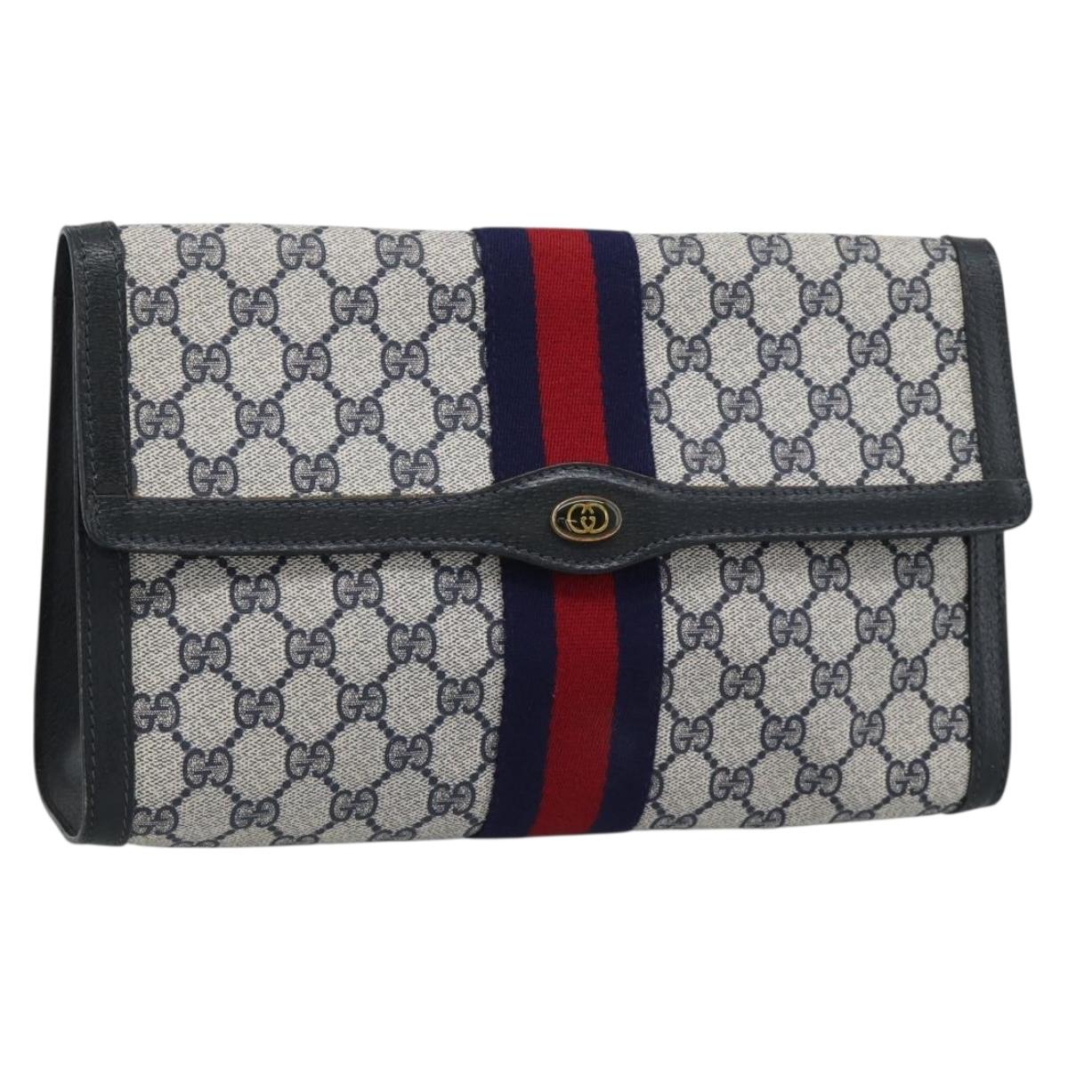 GUCCI GG Supreme Sherry Line Clutch Bag PVC Navy Gold Auth 190891