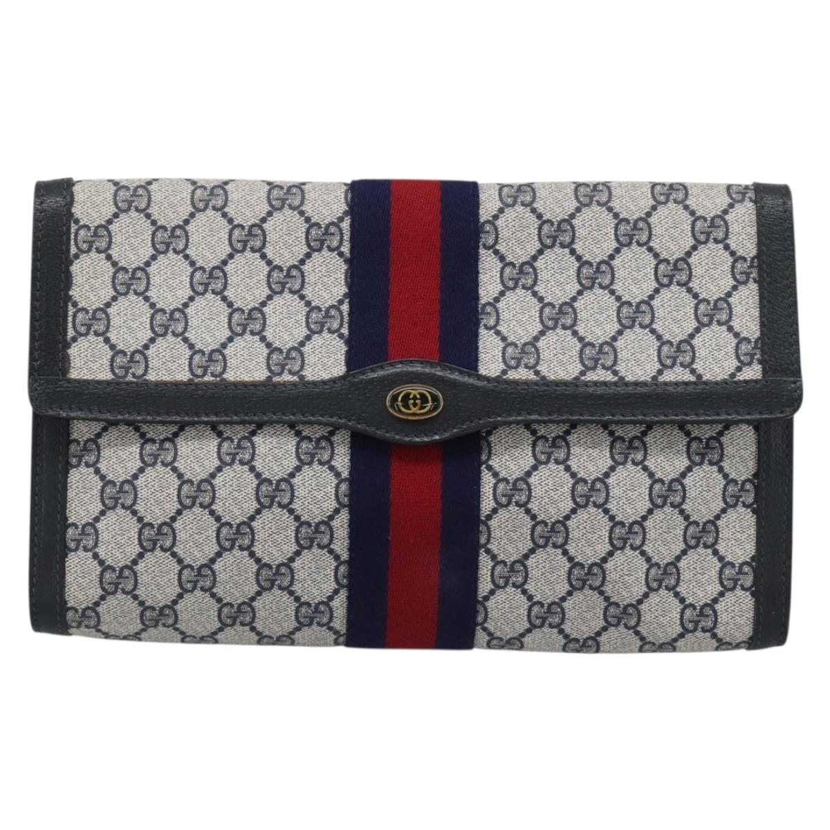 GUCCI GG Supreme Sherry Line Clutch Bag PVC Navy Gold Auth 190891