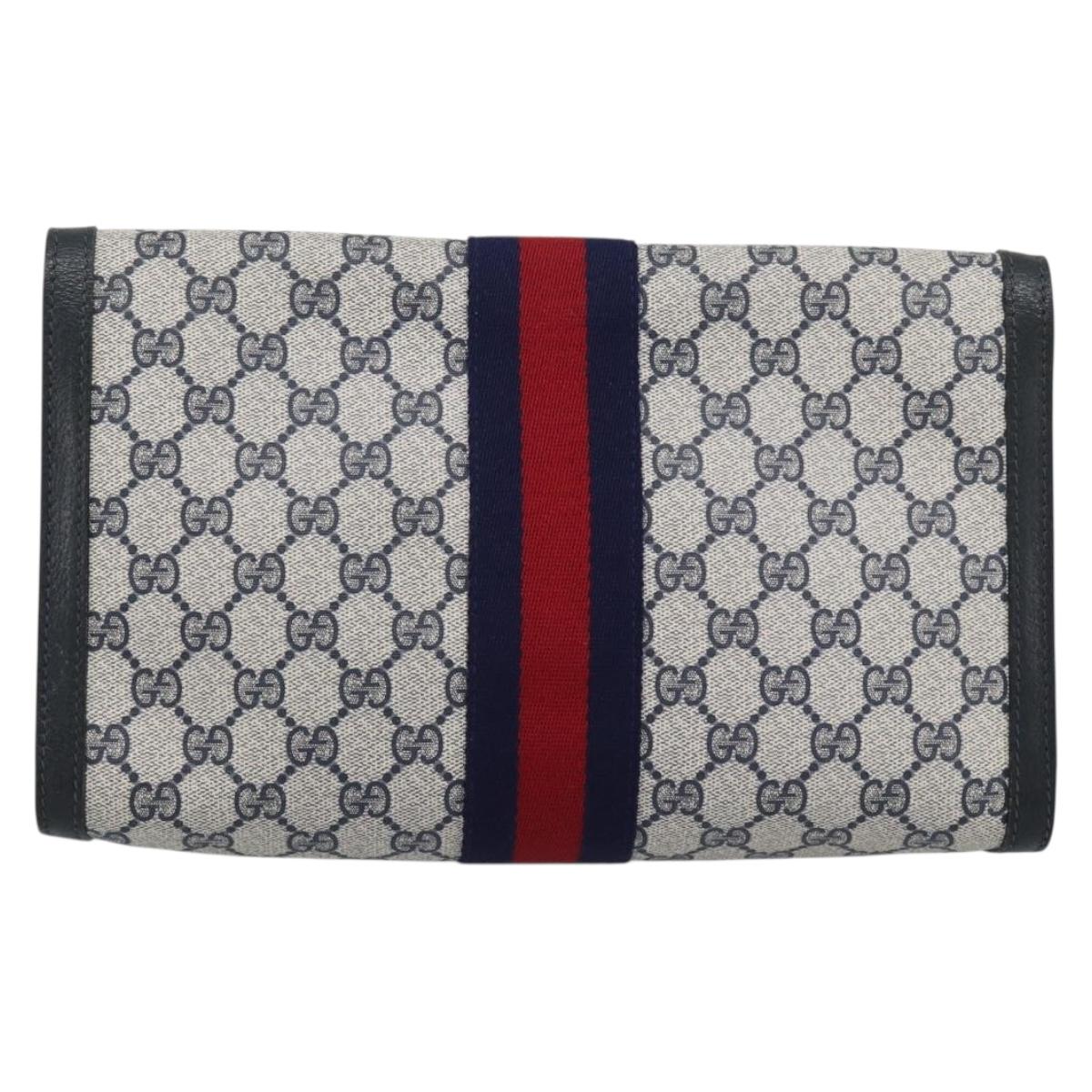 GUCCI GG Supreme Sherry Line Clutch Bag PVC Navy Gold Auth 190891