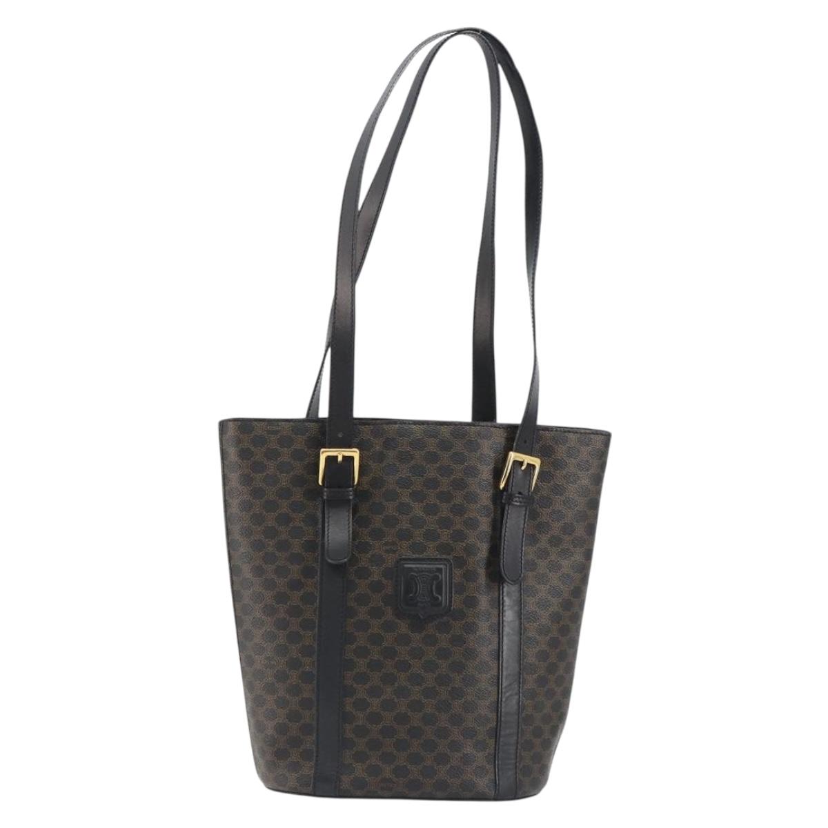 CELINE Macadam Canvas Shoulder Bag PVC Leather Black Gold Auth 190902A