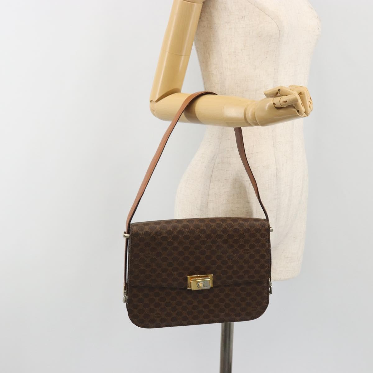CELINE Macadam Canvas Shoulder Bag PVC Leather Brown Gold Auth 190905A