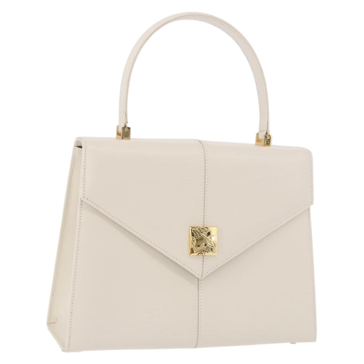 SAINT LAURENT Hand Bag Leather White Gold Auth 190922