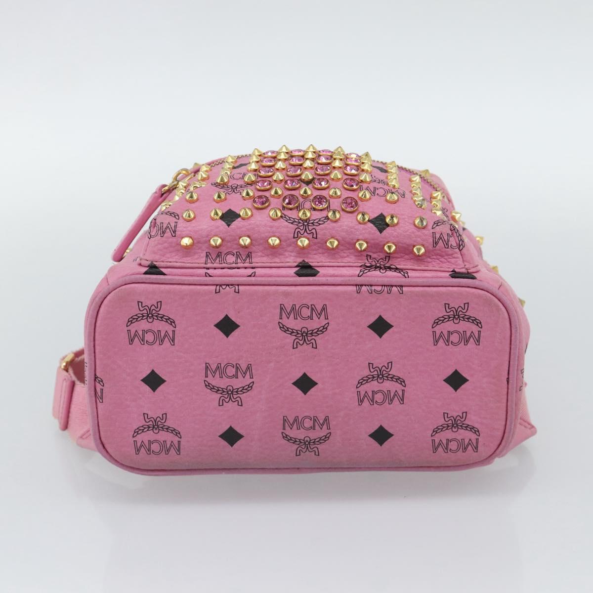 MCM Vicetos Logogram Studs Backpack Leather Pink Gold Auth 190946