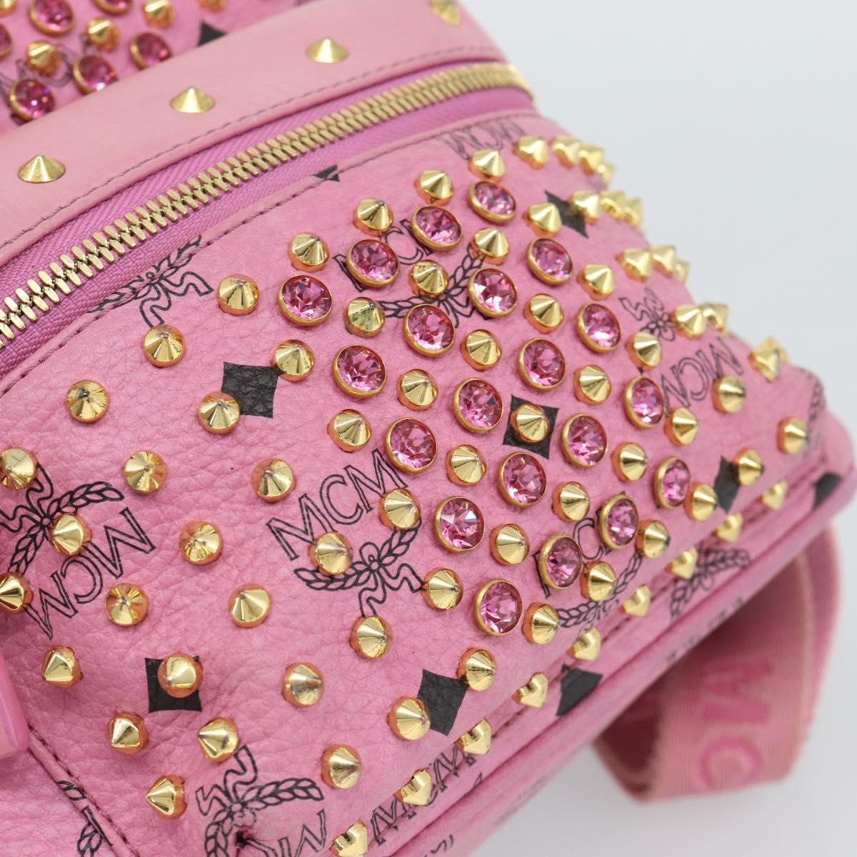 MCM Vicetos Logogram Studs Backpack Leather Pink Gold Auth 190946