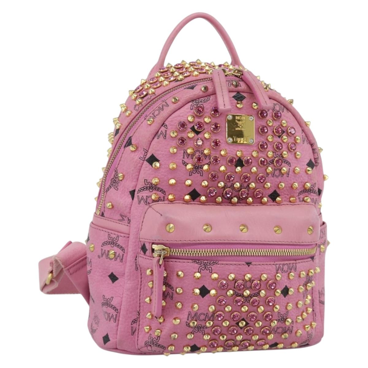 MCM Vicetos Logogram Studs Backpack Leather Pink Gold Auth 190946