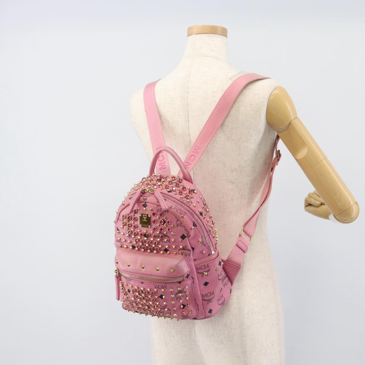 MCM Vicetos Logogram Studs Backpack Leather Pink Gold Auth 190946