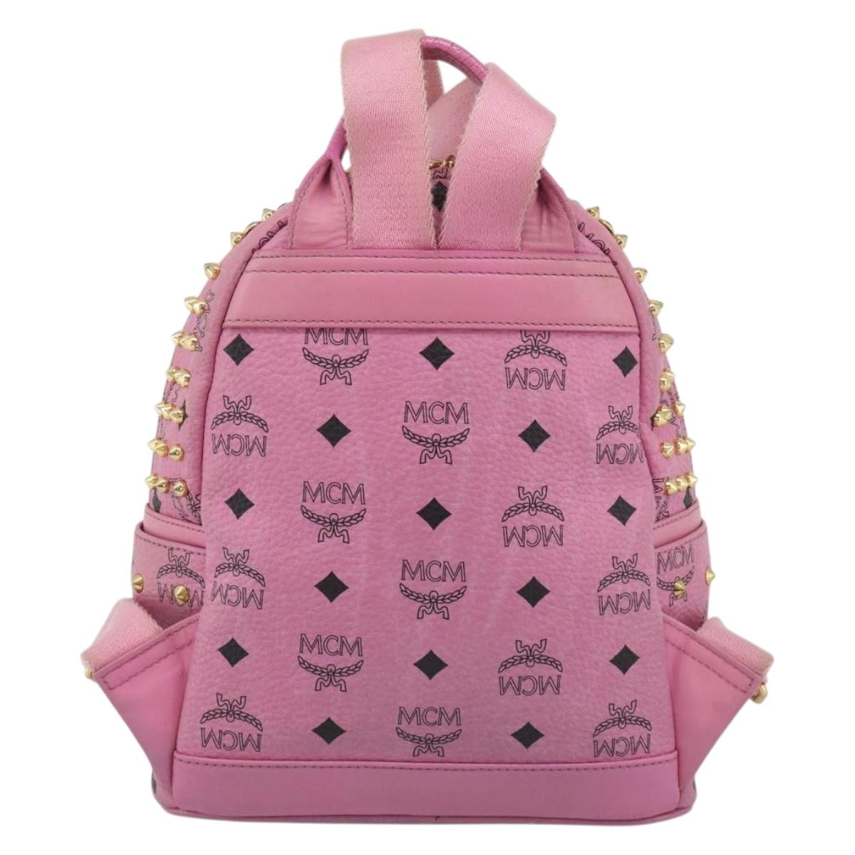 MCM Vicetos Logogram Studs Backpack Leather Pink Gold Auth 190946