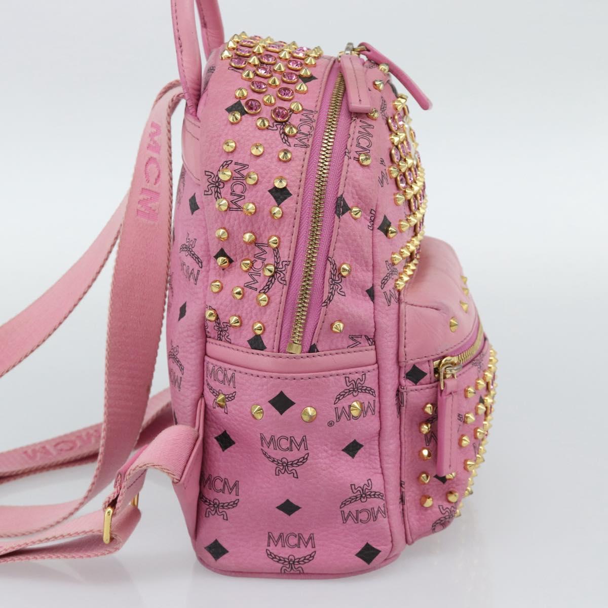 MCM Vicetos Logogram Studs Backpack Leather Pink Gold Auth 190946