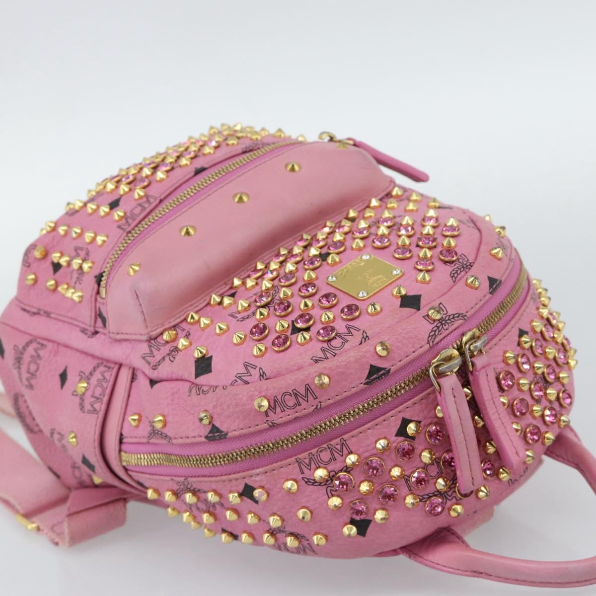 MCM Vicetos Logogram Studs Backpack Leather Pink Gold Auth 190946