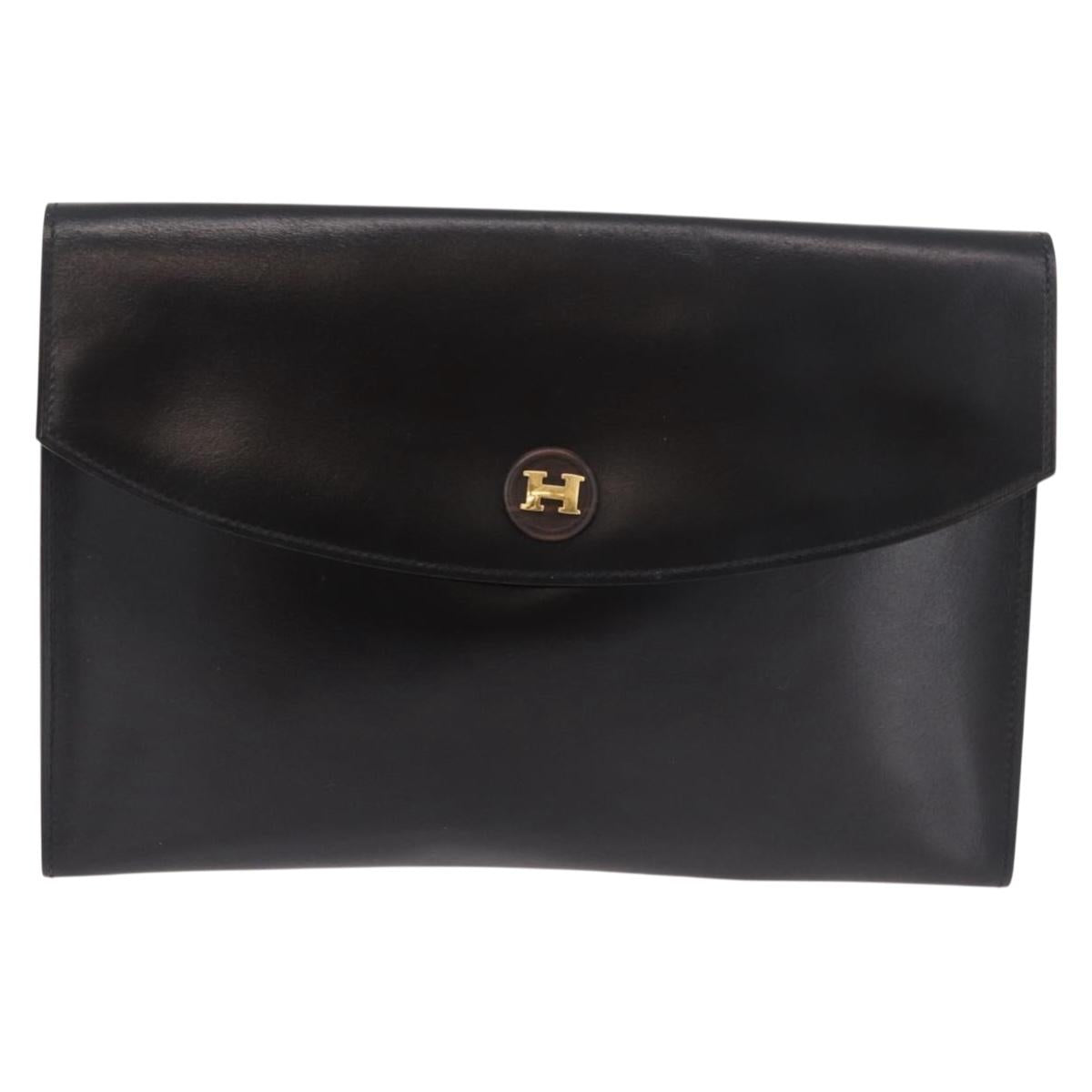 HERMES Pochetto Rio Clutch Bag Leather Black Gold Auth 190962M