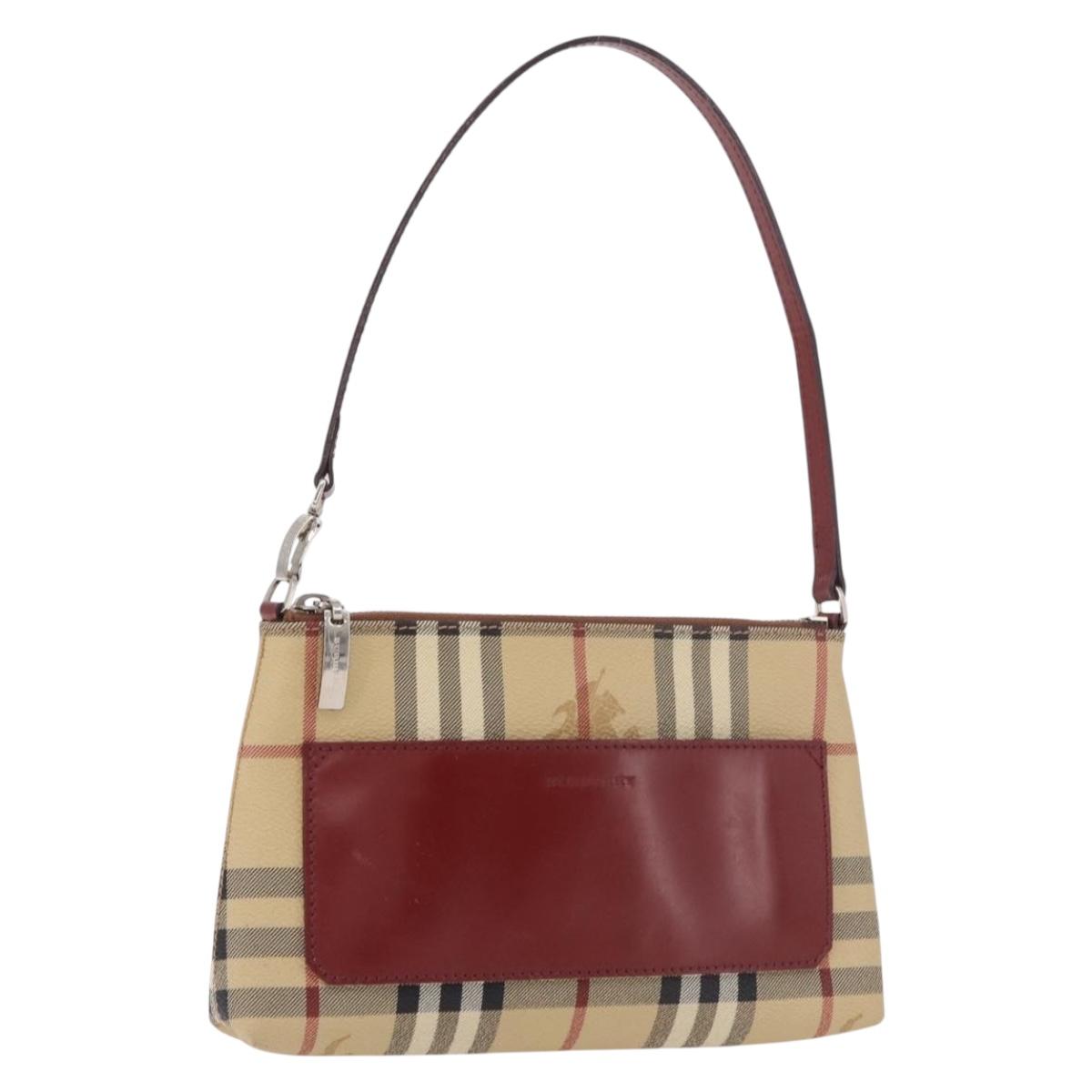 BURBERRY Nova Check Pouch PVC Leather Beige Silver Auth 190965A