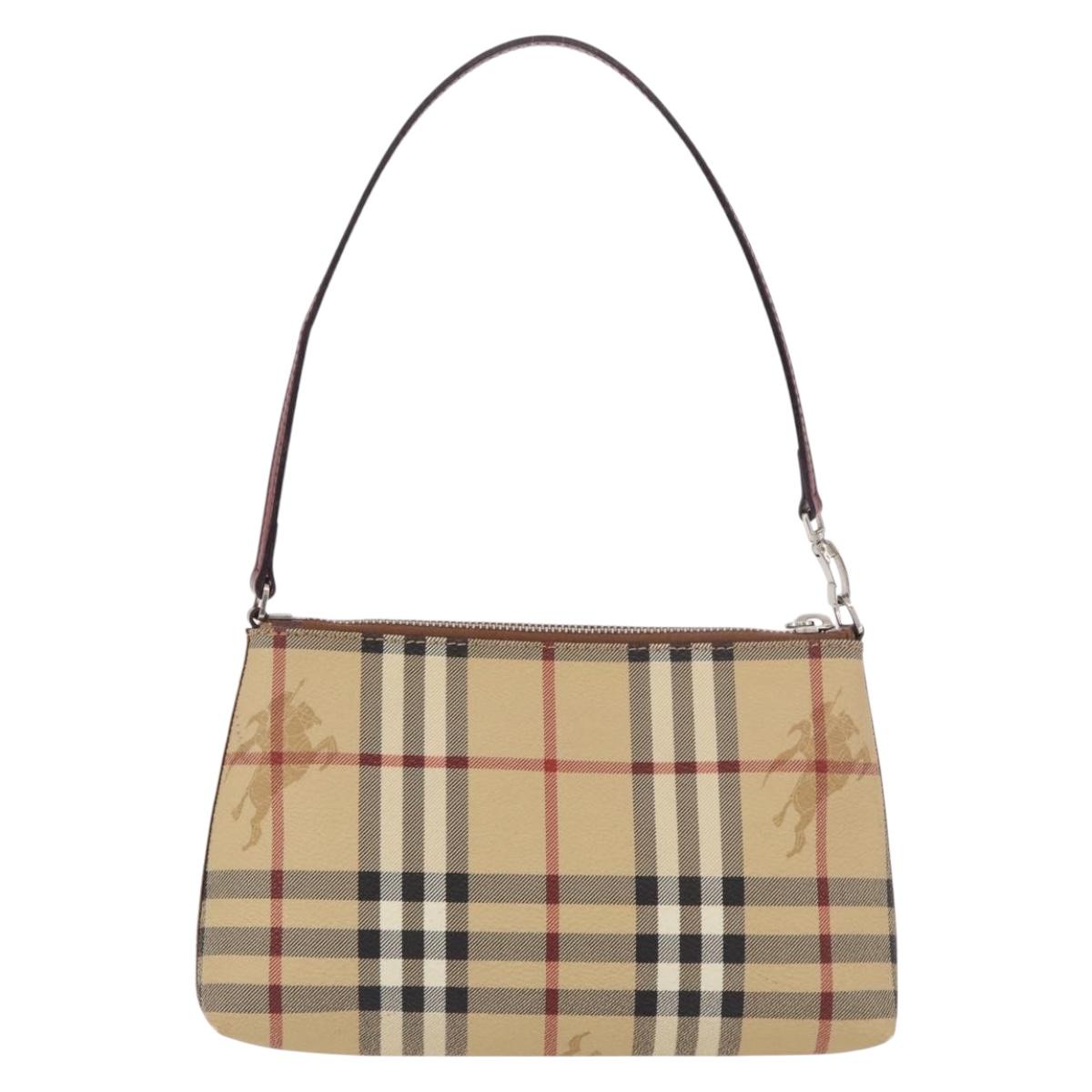 BURBERRY Nova Check Pouch PVC Leather Beige Silver Auth 190965A