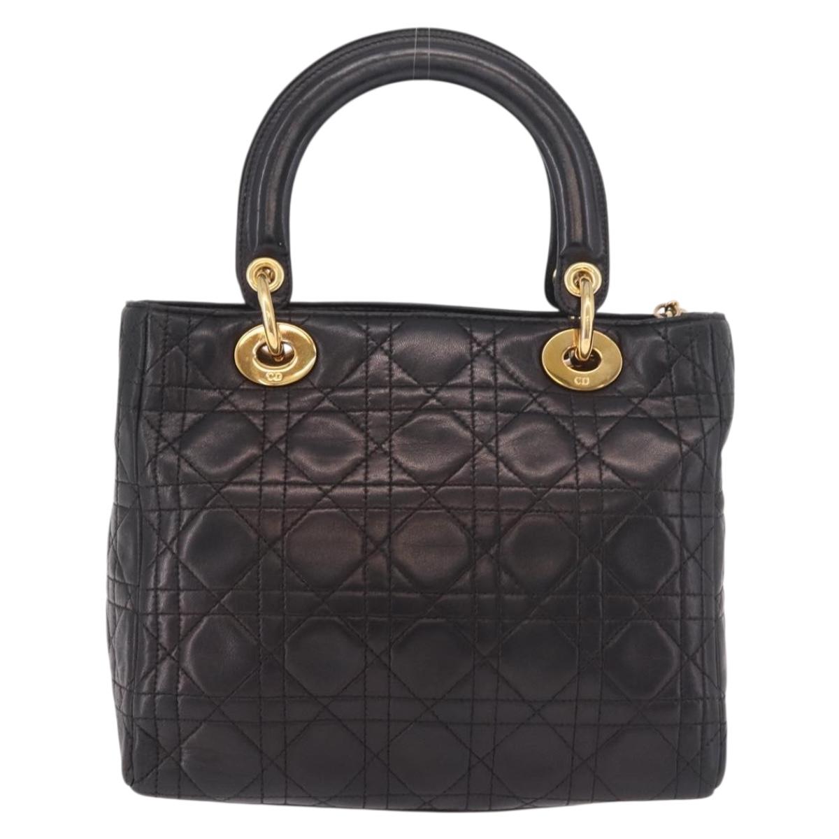 Christian Dior Canage Hand Bag Lamb Skin Black Gold Auth 190976A