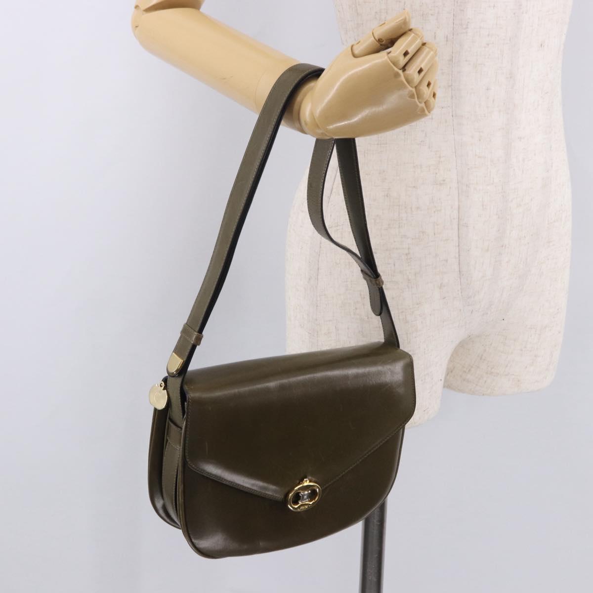 CELINE Shoulder Bag Leather Green Gold Auth 190980