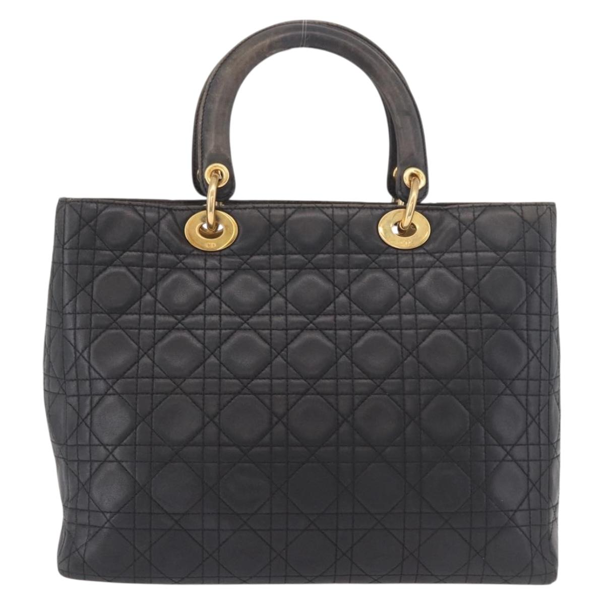 Christian Dior Canage Hand Bag Lamb Skin Black Gold Auth 190981