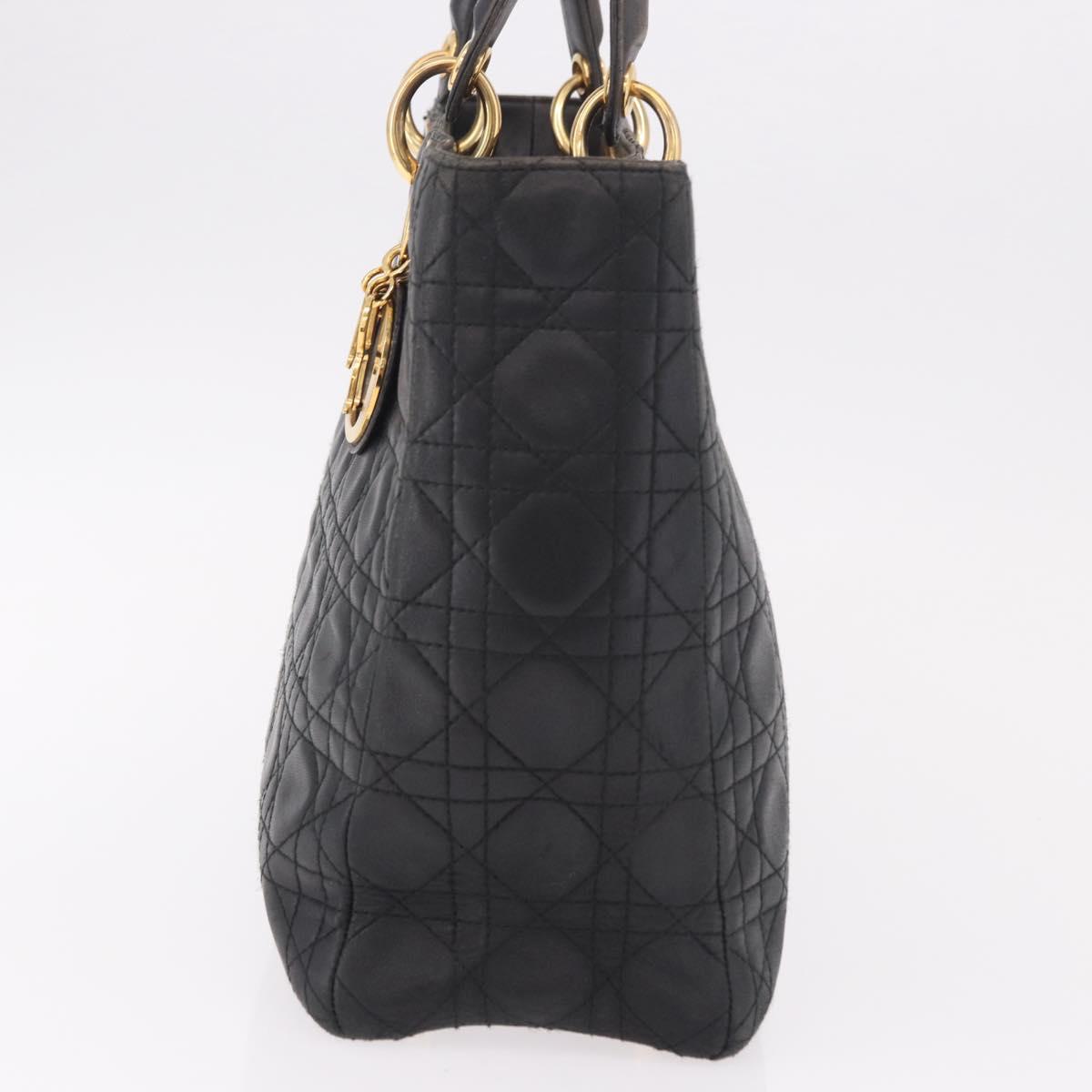 Christian Dior Canage Hand Bag Lamb Skin Black Gold Auth 190981