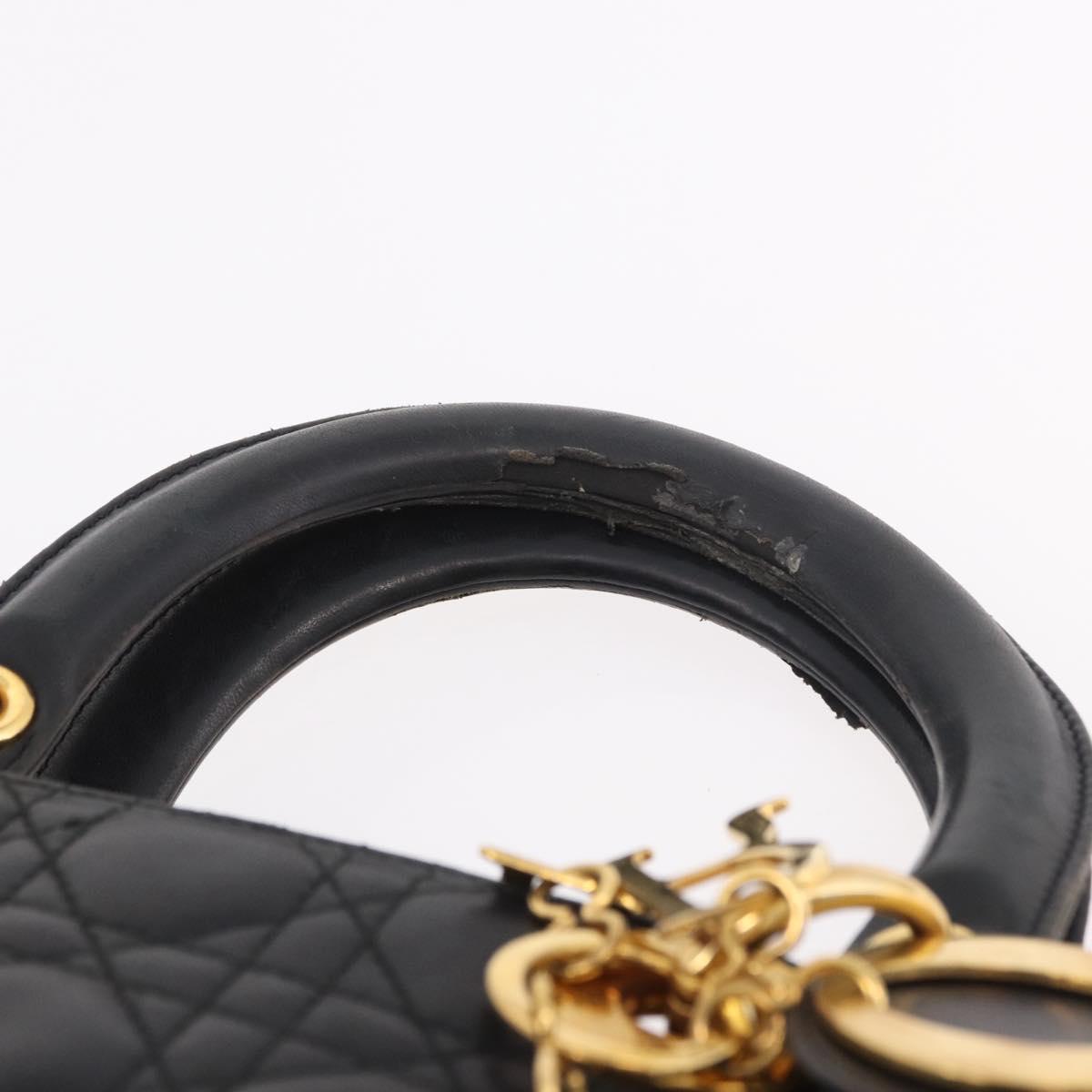 Christian Dior Canage Hand Bag Lamb Skin Black Gold Auth 190981