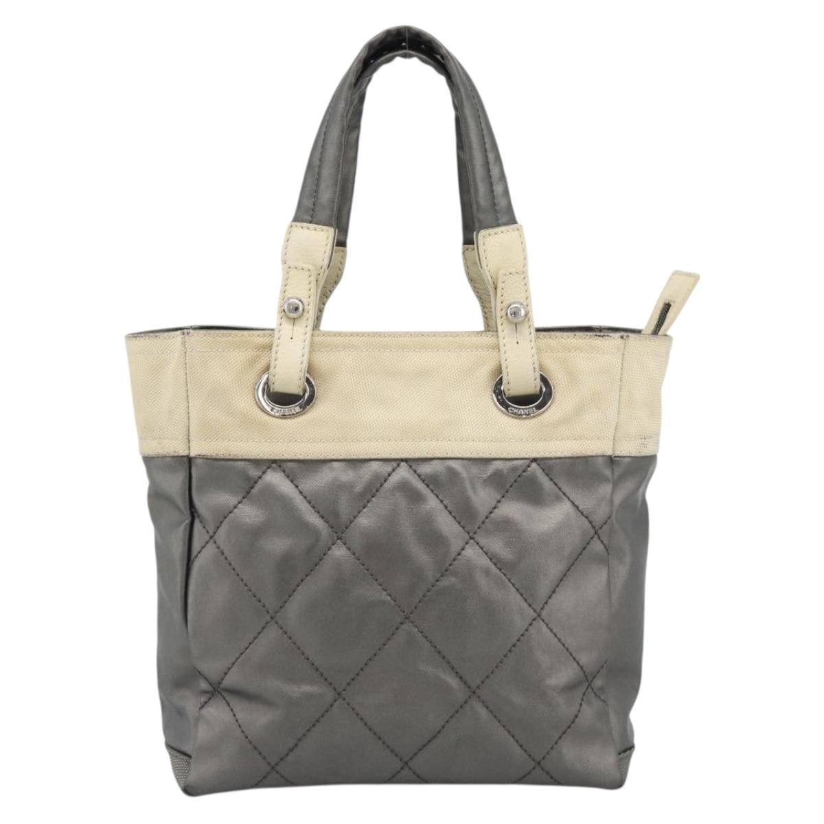 CHANEL Paris Biarritz PM Tote Bag Coated Canvas Silver CC Auth 191000