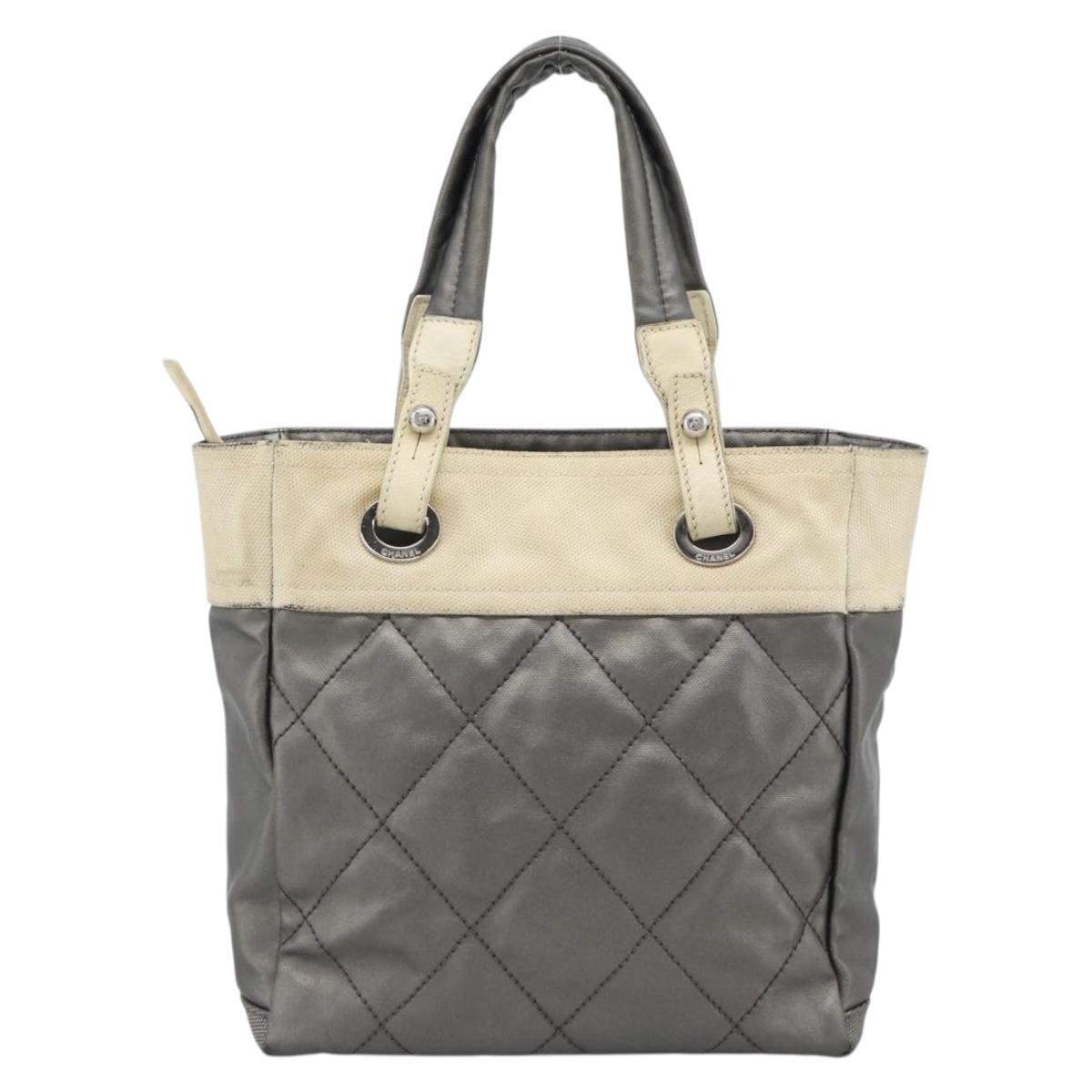 CHANEL Paris Biarritz PM Tote Bag Coated Canvas Silver CC Auth 191000