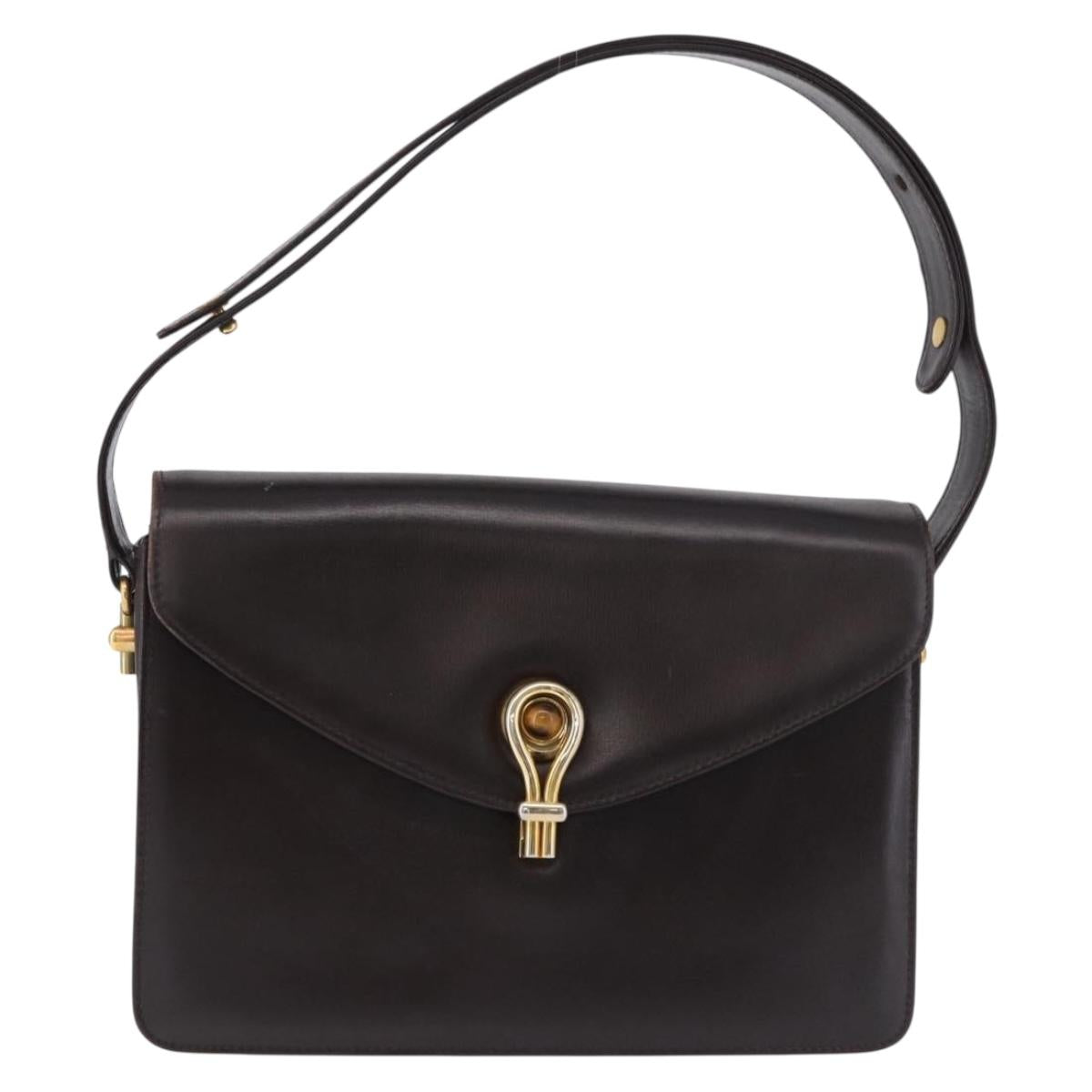 GUCCI Shoulder Bag Leather Dark Brown Gold Auth 191010
