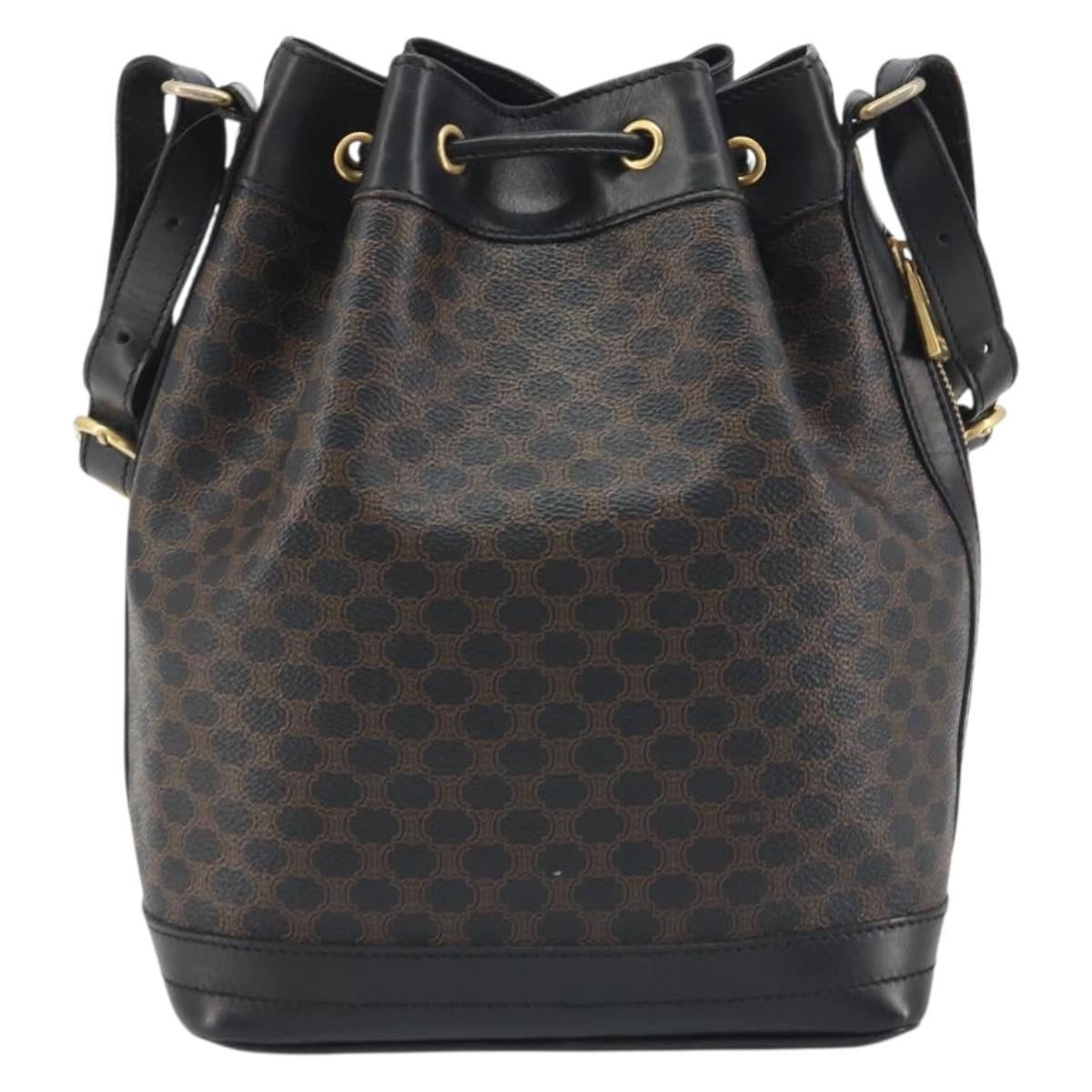 CELINE Macadam Canvas Shoulder Bag PVC Leather Black Gold Auth 191013A