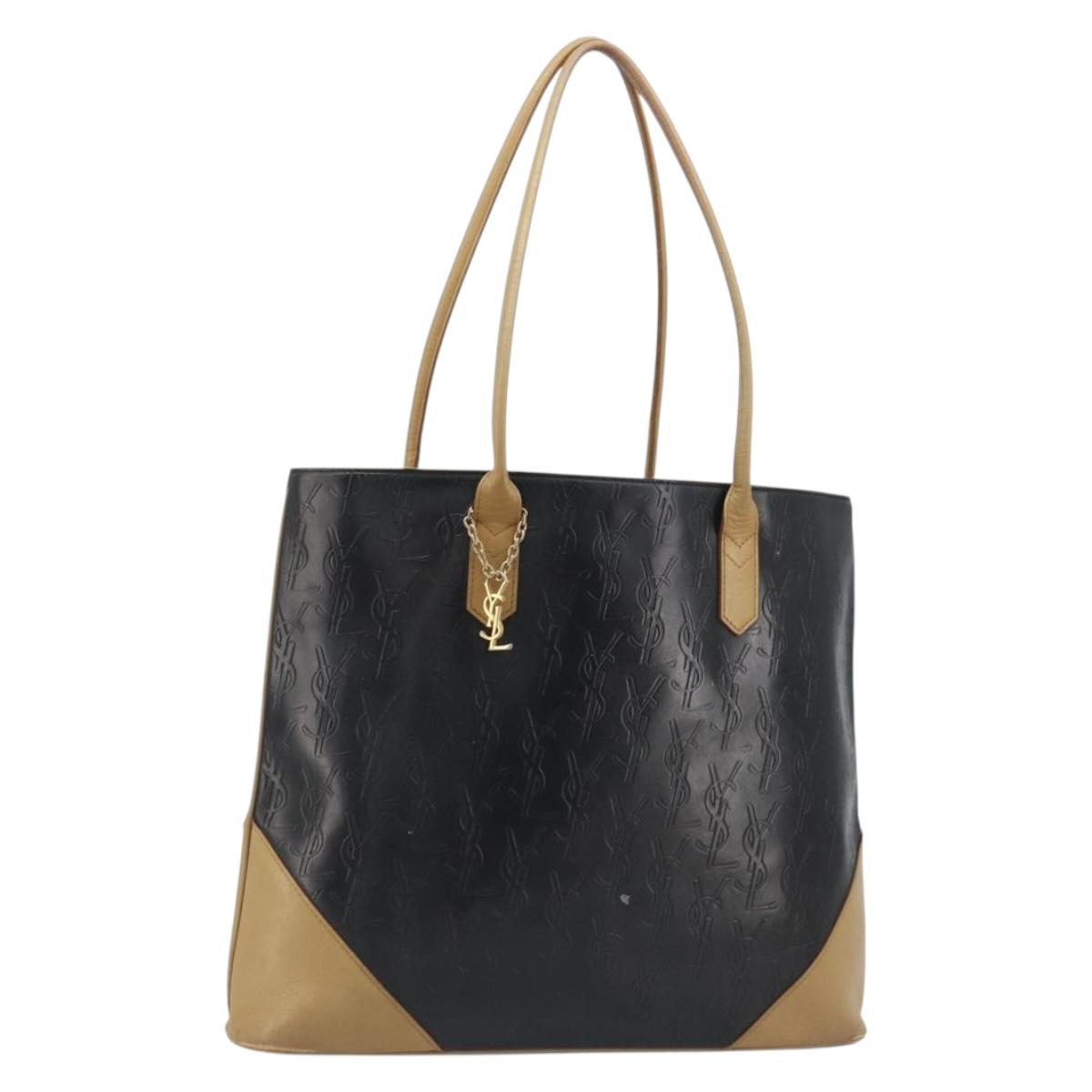 SAINT LAURENT Tote Bag Leather Black Beige Auth 191020