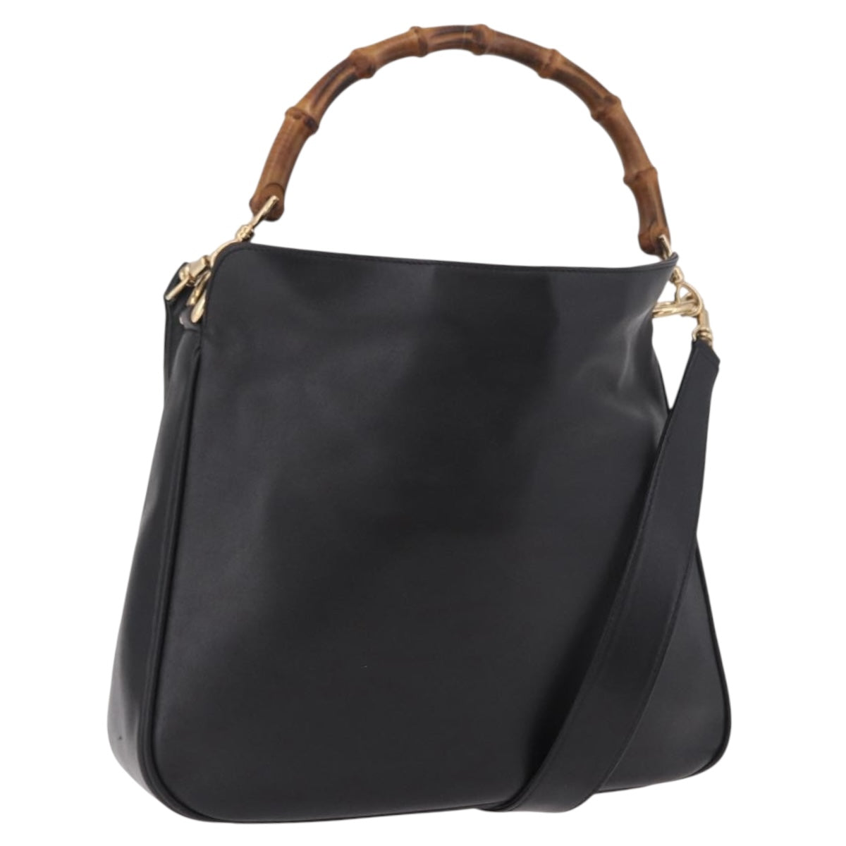 GUCCI Bamboo Hand Bag Leather 2way Black Gold 001 3444 Auth 191028