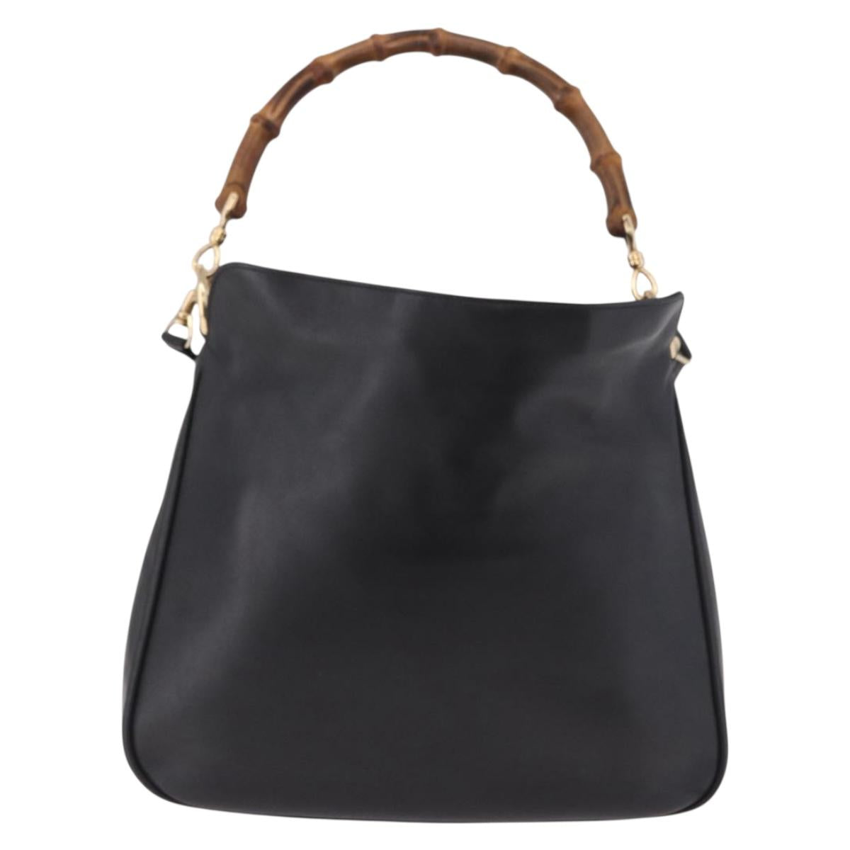 GUCCI Bamboo Hand Bag Leather 2way Black Gold 001 3444 Auth 191028