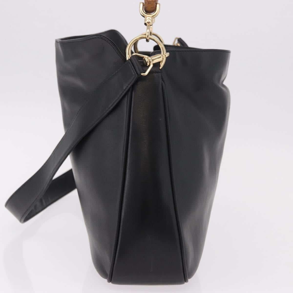 GUCCI Bamboo Hand Bag Leather 2way Black Gold 001 3444 Auth 191028