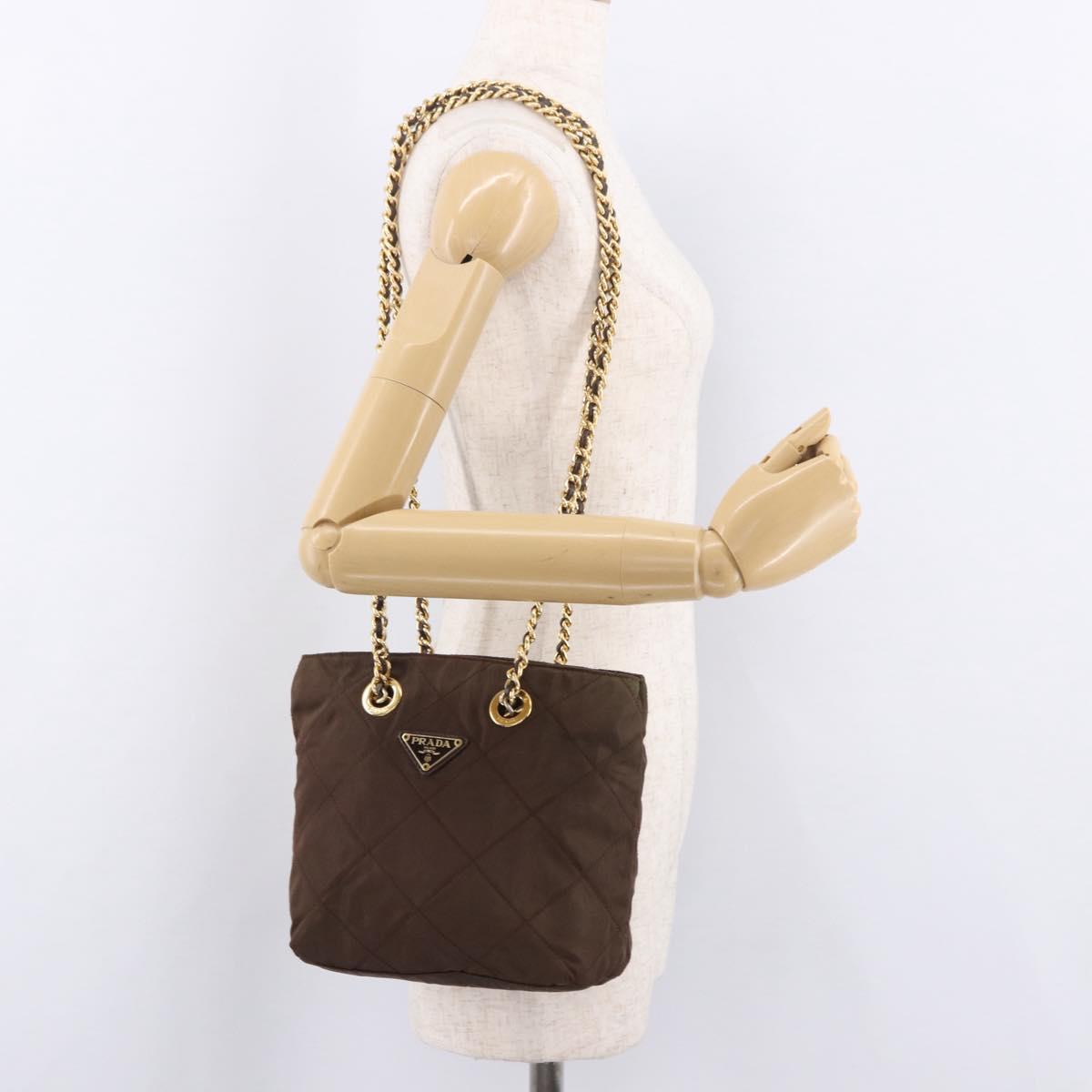 PRADA Nylon Chain Shoulder Bag Khaki Gold Auth 191031