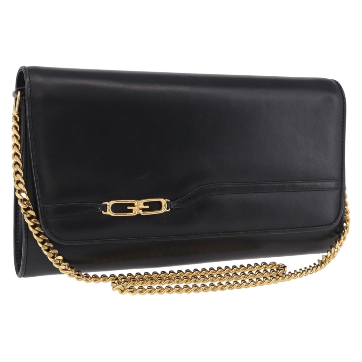GUCCI Chain Shoulder Bag Leather Black Gold Auth 191035