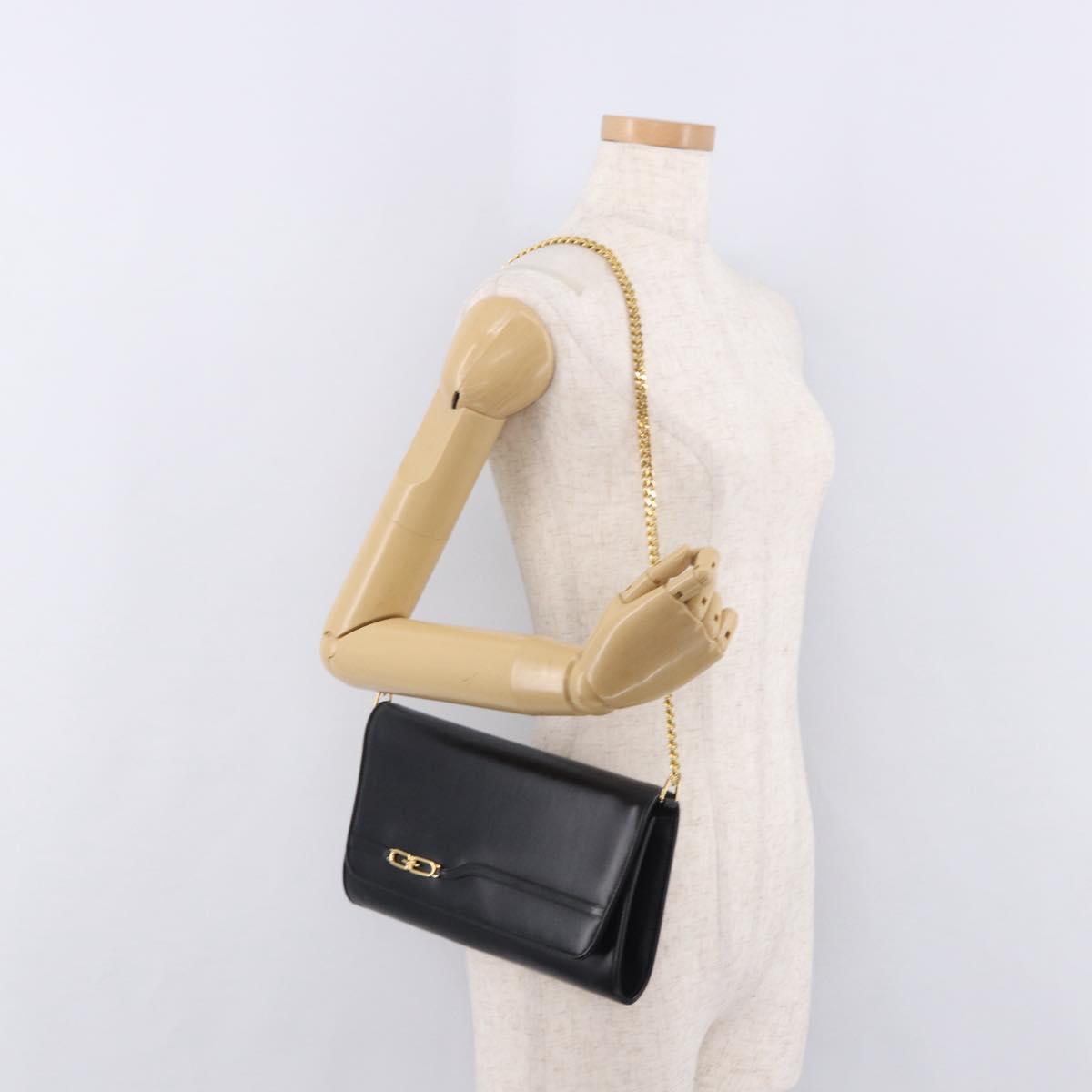 GUCCI Chain Shoulder Bag Leather Black Gold Auth 191035