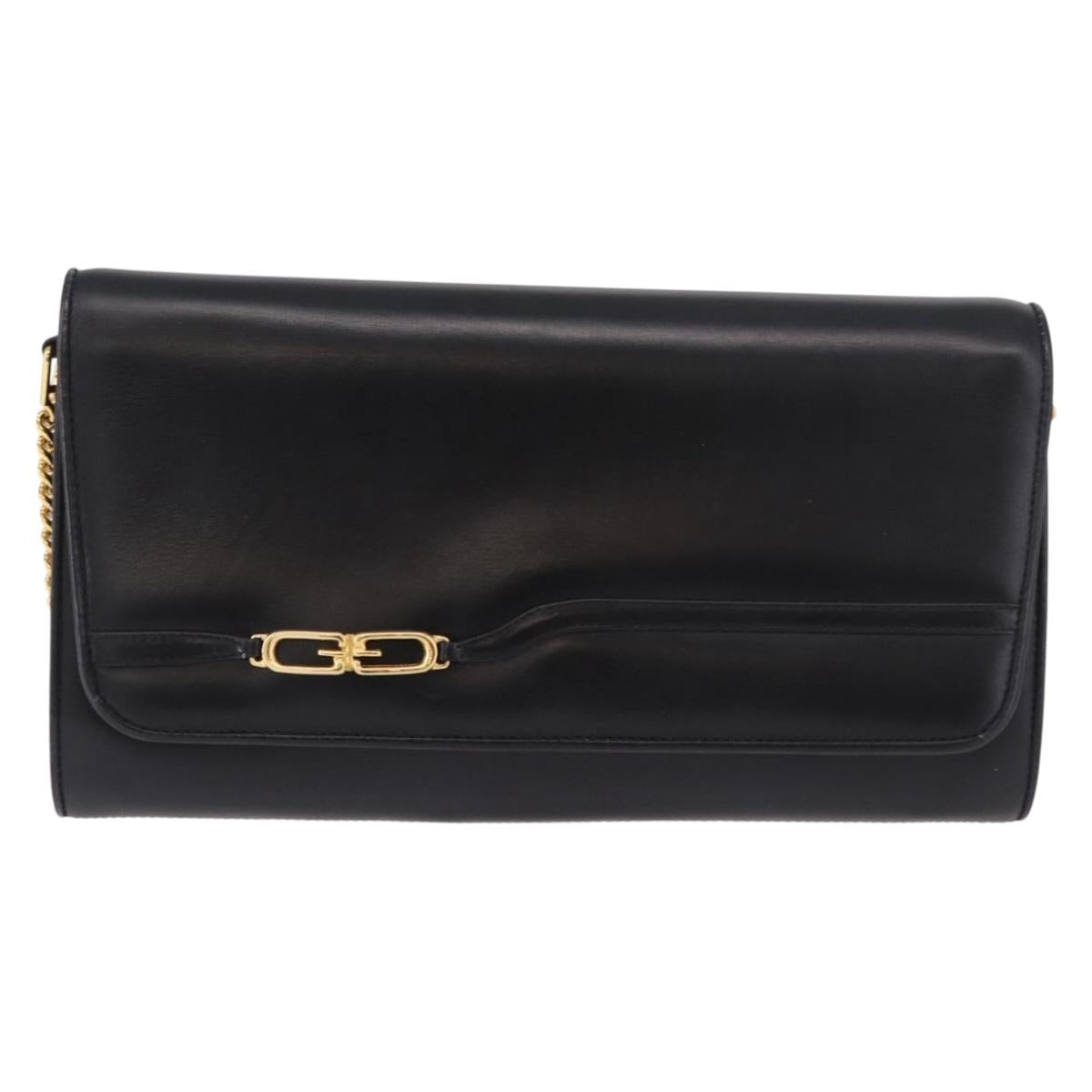 GUCCI Chain Shoulder Bag Leather Black Gold Auth 191035