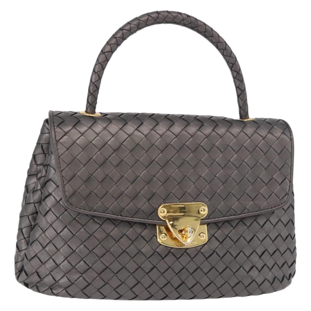 BOTTEGA VENETA INTRECCIATO Hand Bag Leather Gray Gold Auth 191037