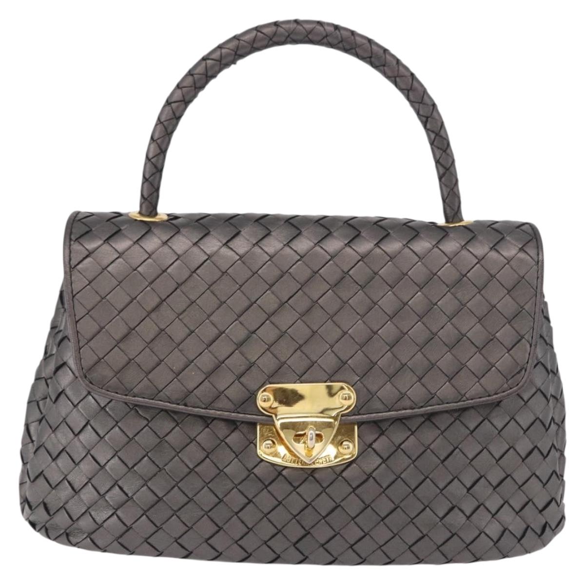 BOTTEGA VENETA INTRECCIATO Hand Bag Leather Gray Gold Auth 191037