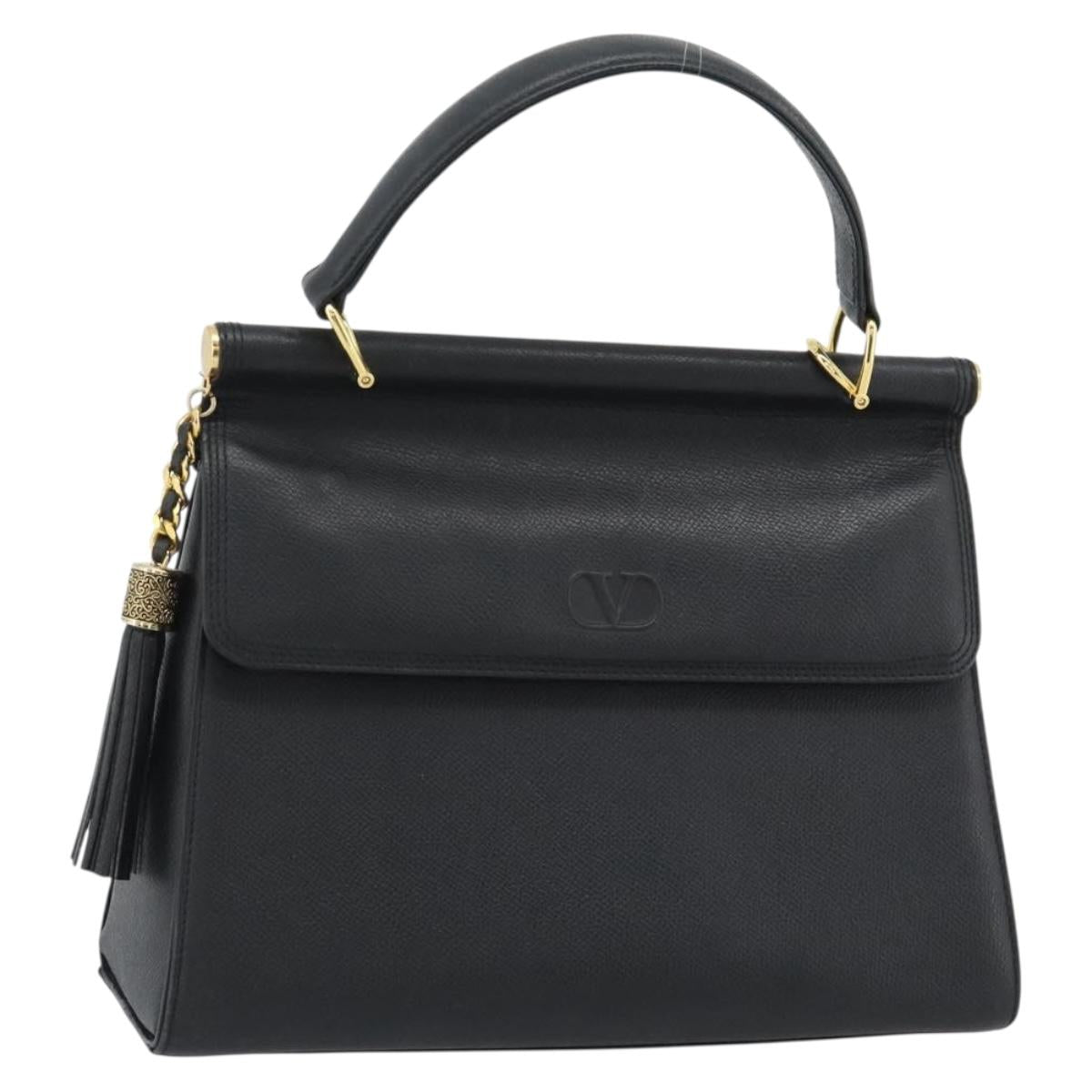 VALENTINO Hand Bag Leather Black Gold Auth 191042A